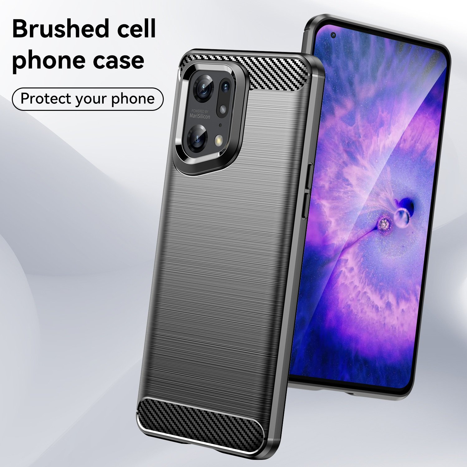 Funda cepillada para teléfono con un teléfono al lado. La funda tiene soporte de anillo.