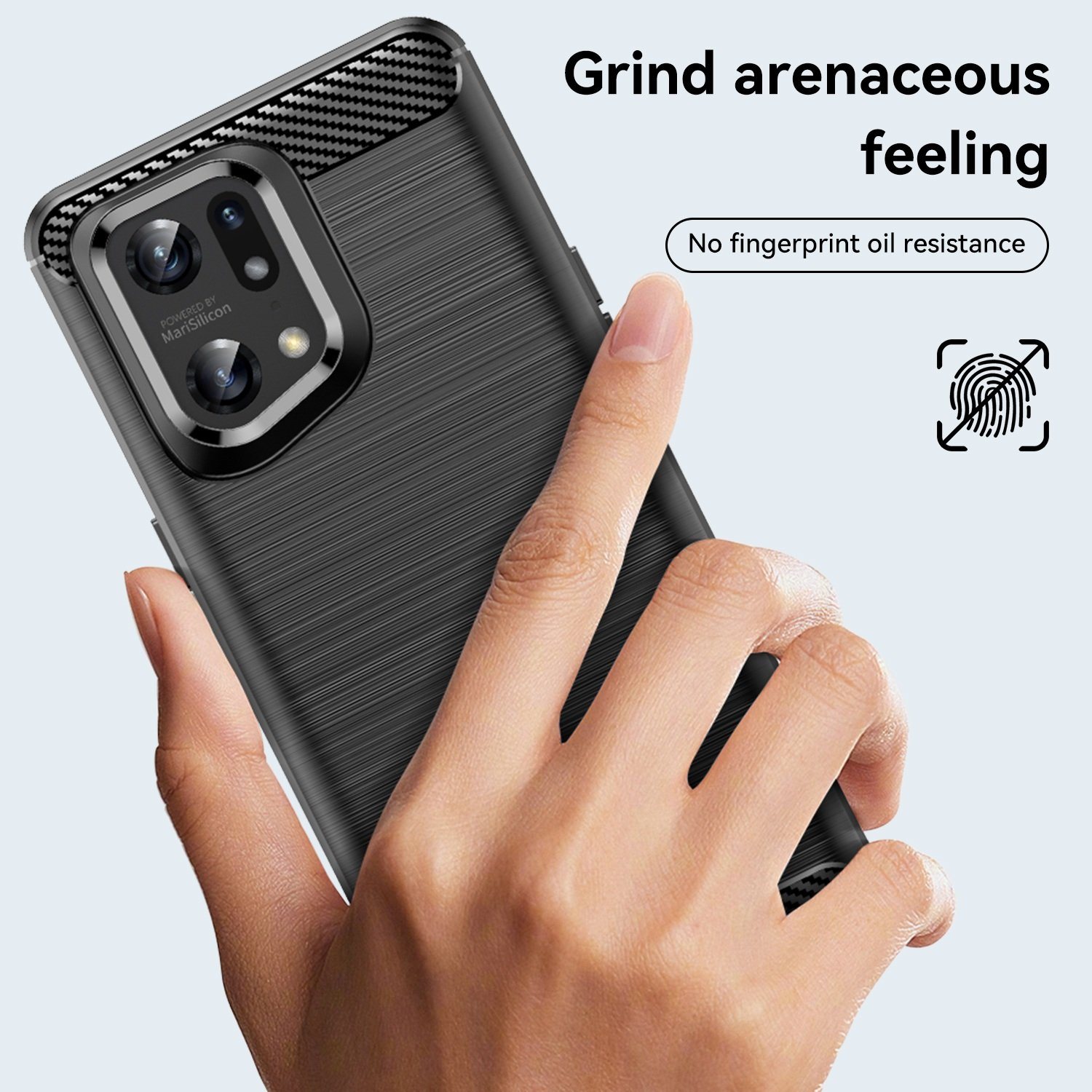 Mano sosteniendo una funda de teléfono negra con texto Grind arenaceous feeling y un icono de huella dactilar.