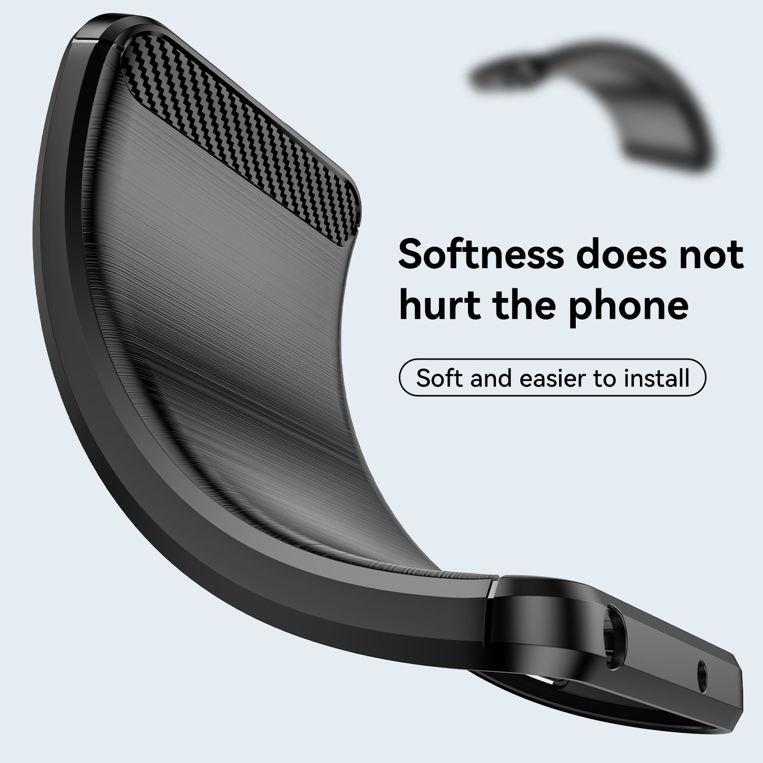 Una funda negra para teléfono está doblada, mostrando su flexibilidad. El texto dice: "La suavidad no daña el teléfono".