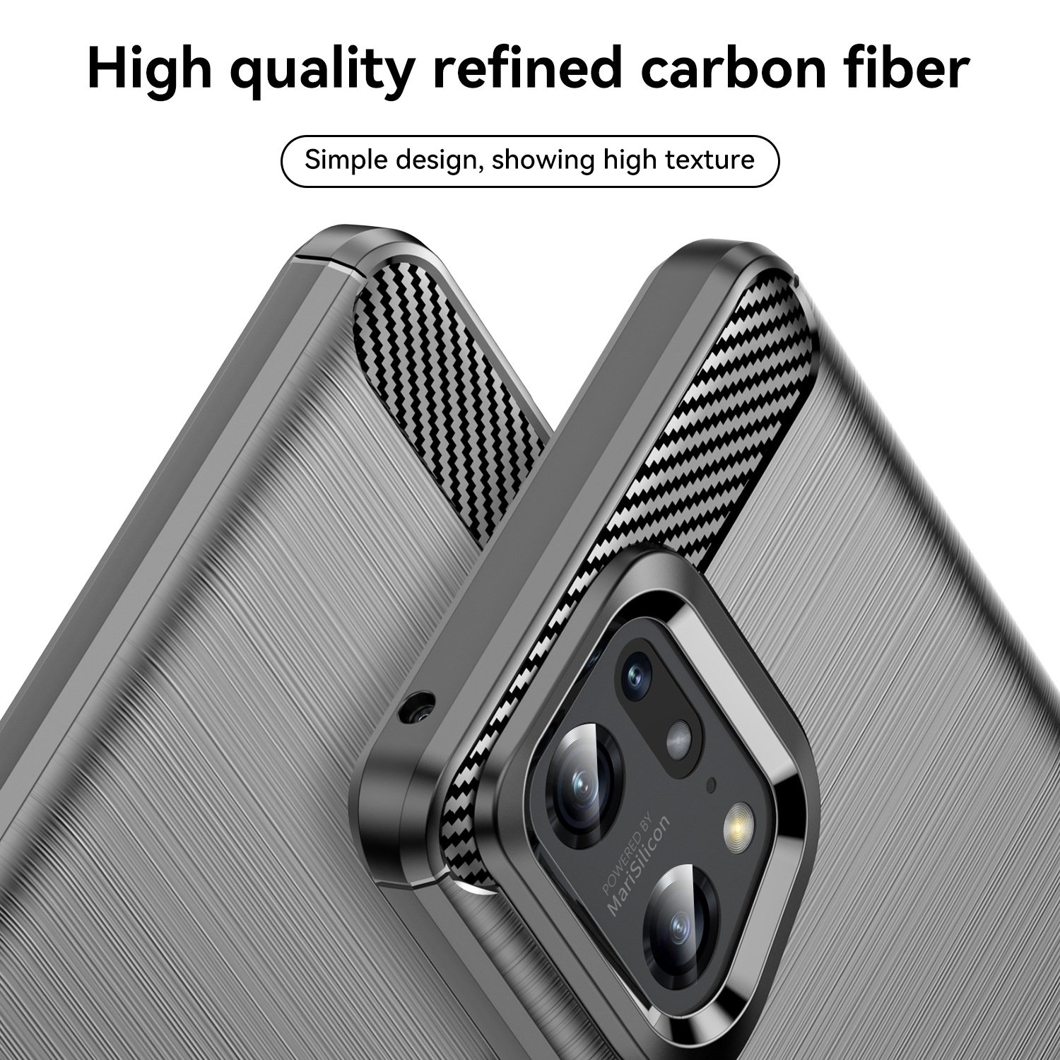 Funda. Primer plano de la cámara. Aspecto de metal cepillado gris. Acentos de fibra de carbono.