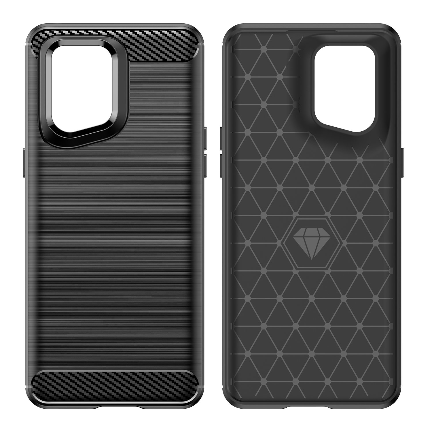 Funda negra para teléfono, interior con diseño geométrico en la parte trasera, exterior con diseño texturizado.
