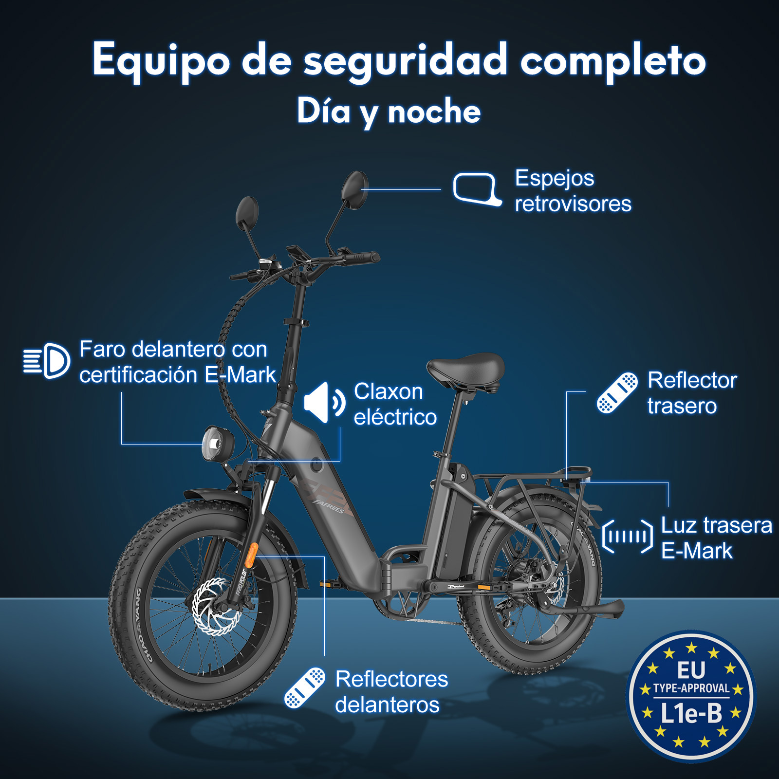 Bicicleta eléctrica con elementos de seguridad, incluyendo luces, reflectores y espejos. El texto etiqueta las características. Fondo azul oscuro.
