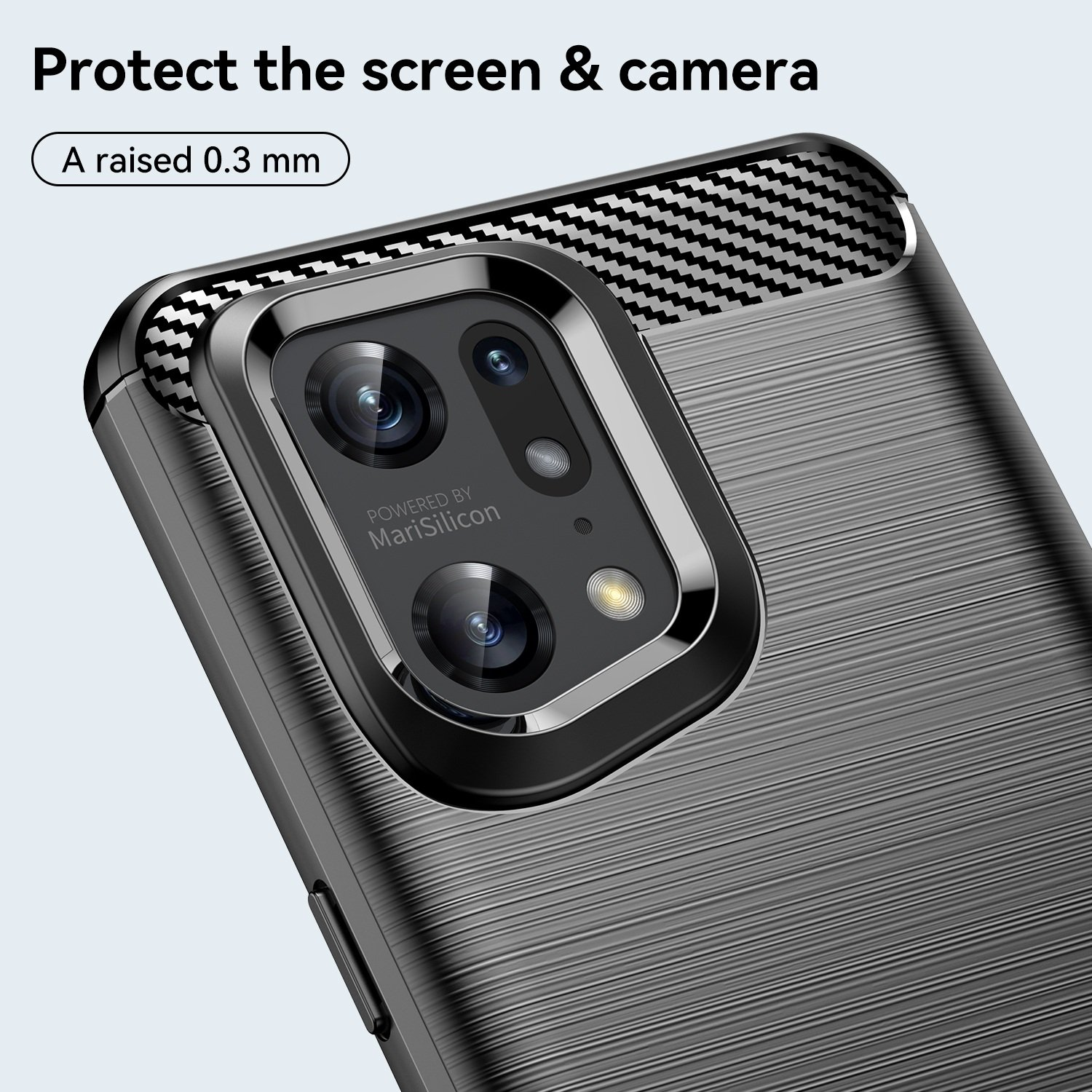 Primer plano de una funda negra con protección de cámara, mostrando la cámara.