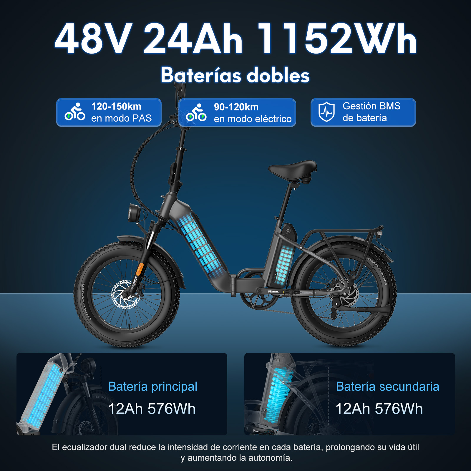 Una bicicleta eléctrica con texto y diagramas sobre batería y autonomía.