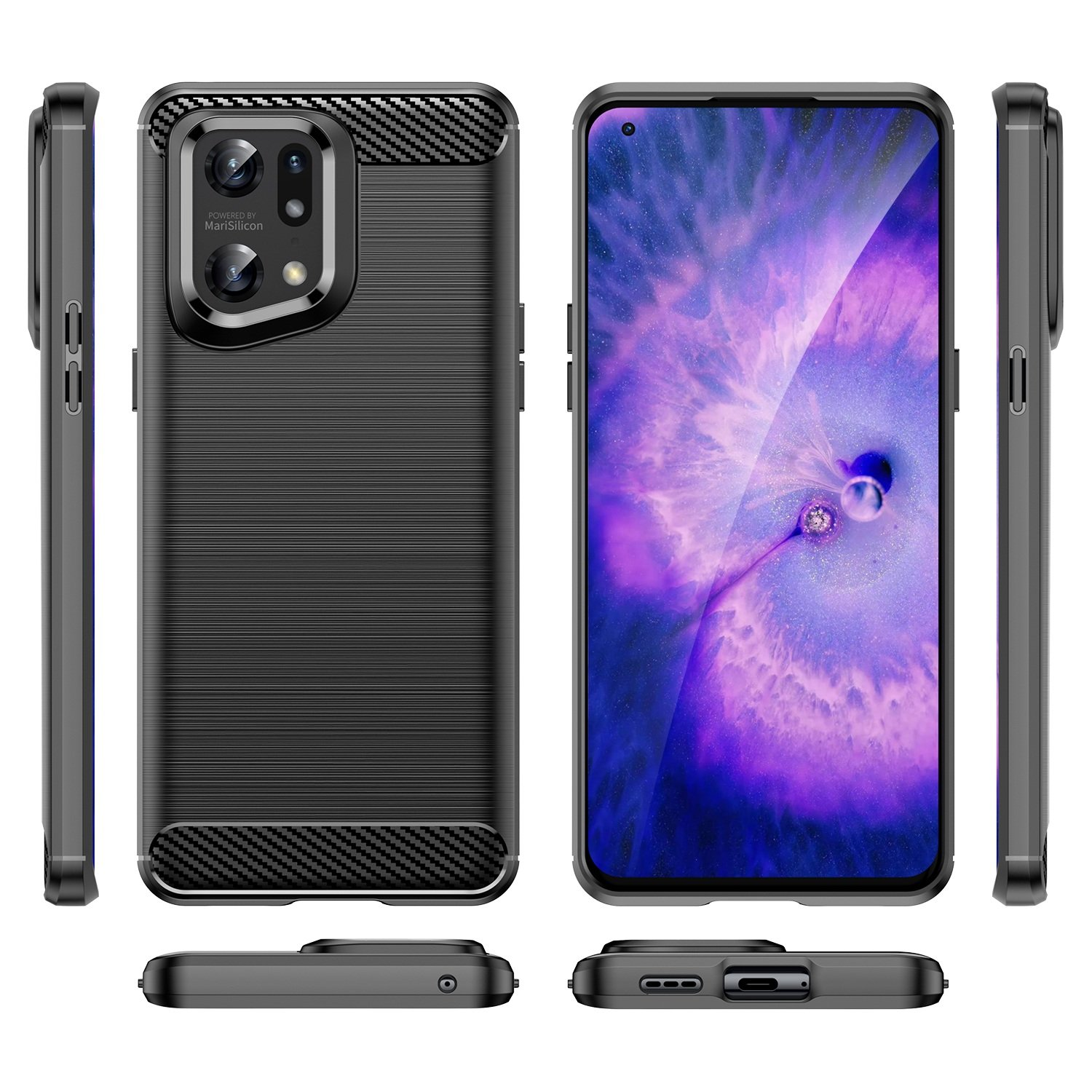 Funda negra para teléfono con cámara y diseño de fibra de carbono.