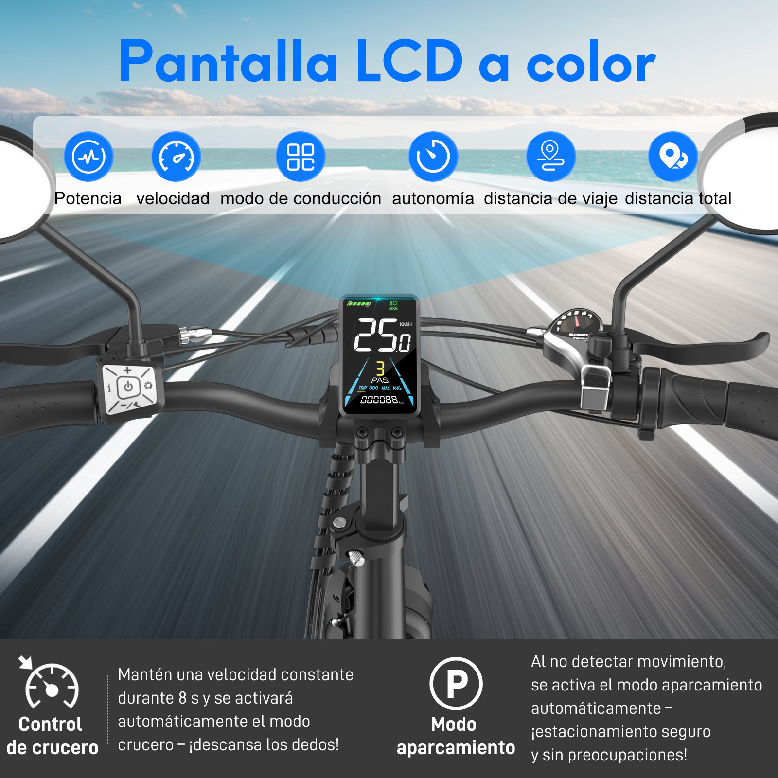 Manillar de bicicleta eléctrica con pantalla que muestra la velocidad. Palabras clave: bicicleta, manillar, pantalla, velocidad.