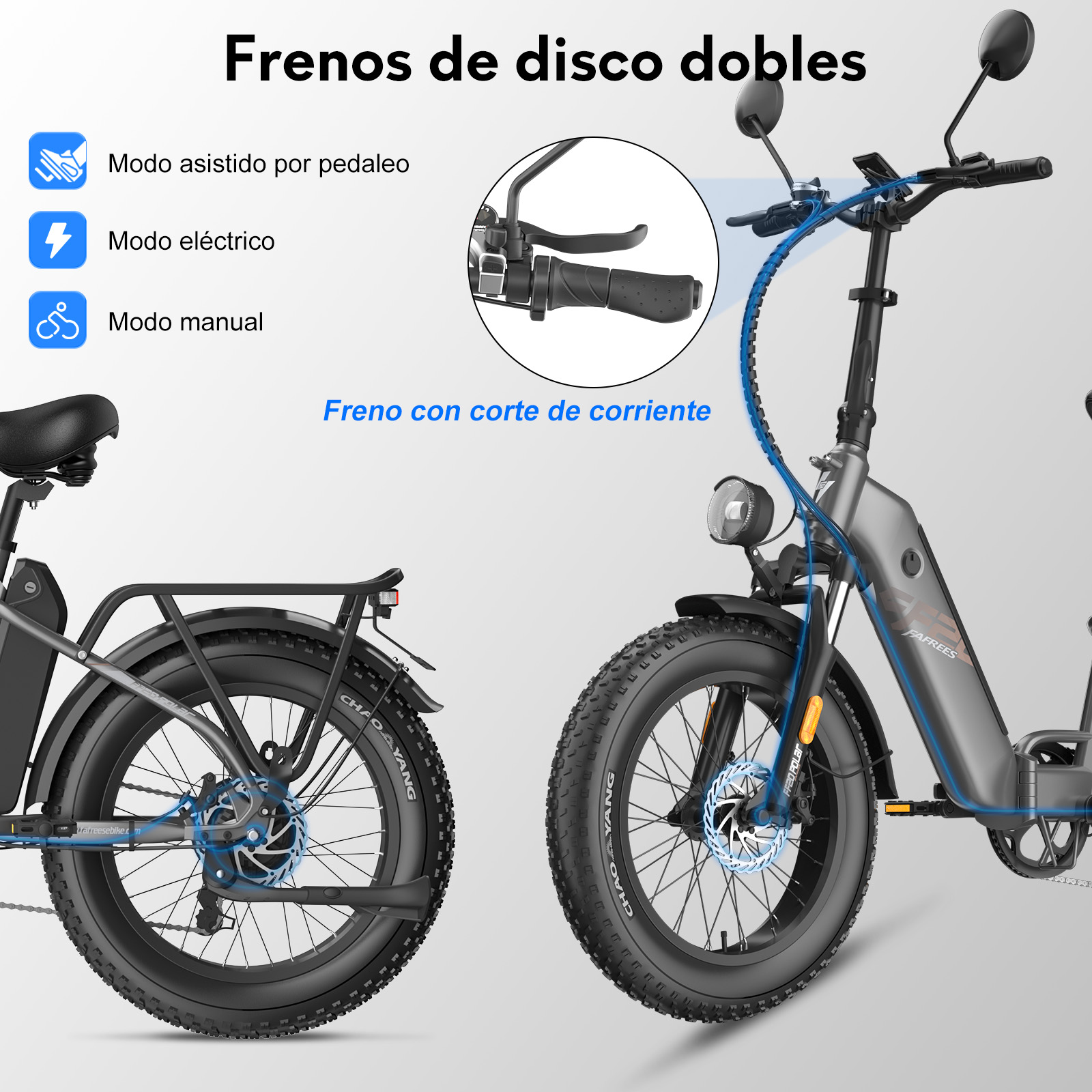 Bicicleta eléctrica con texto en español, diagrama de funciones y frenos.