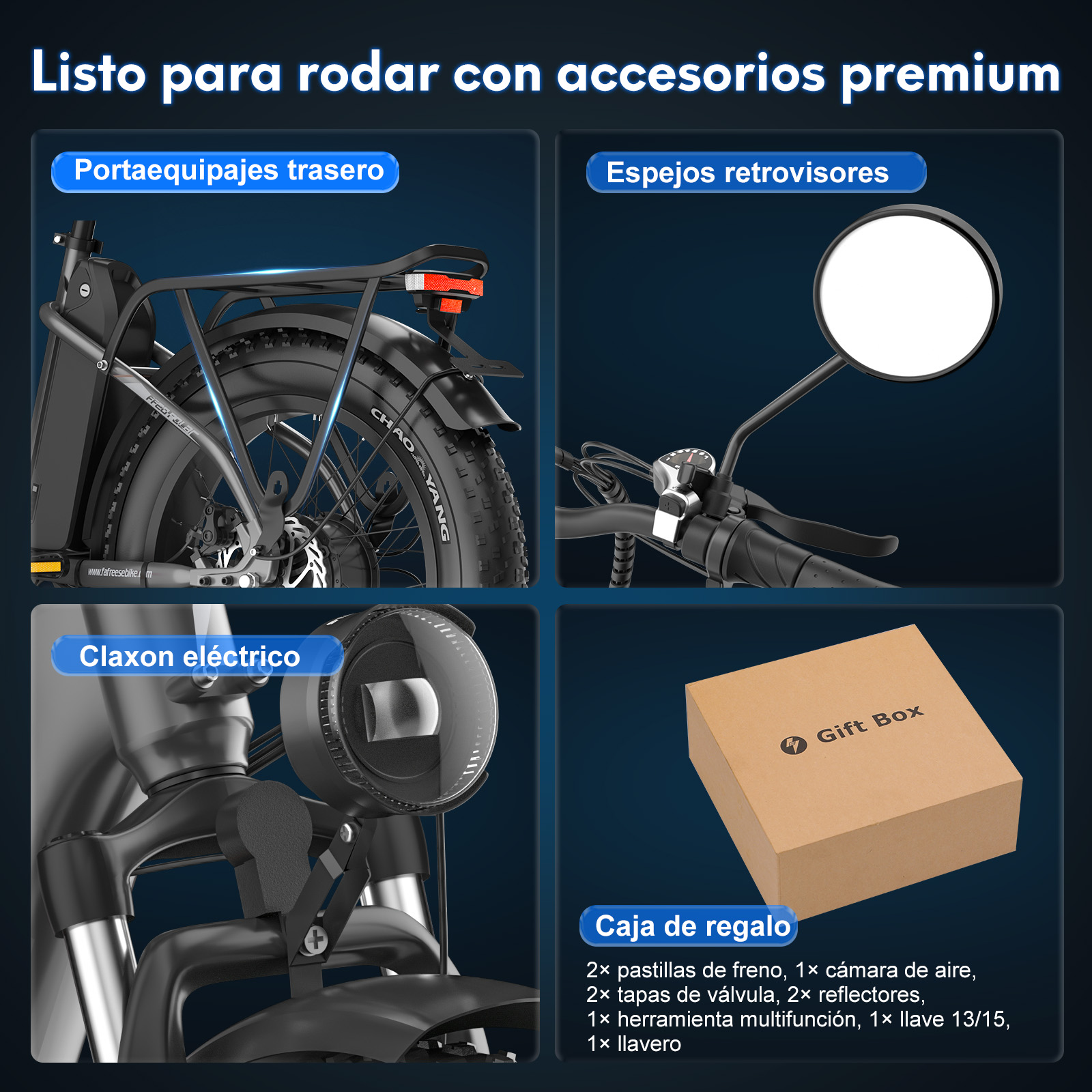 Accesorios para bicicleta eléctrica: portaequipajes, espejos, bocina eléctrica, caja de regalo. Accesorios premium.