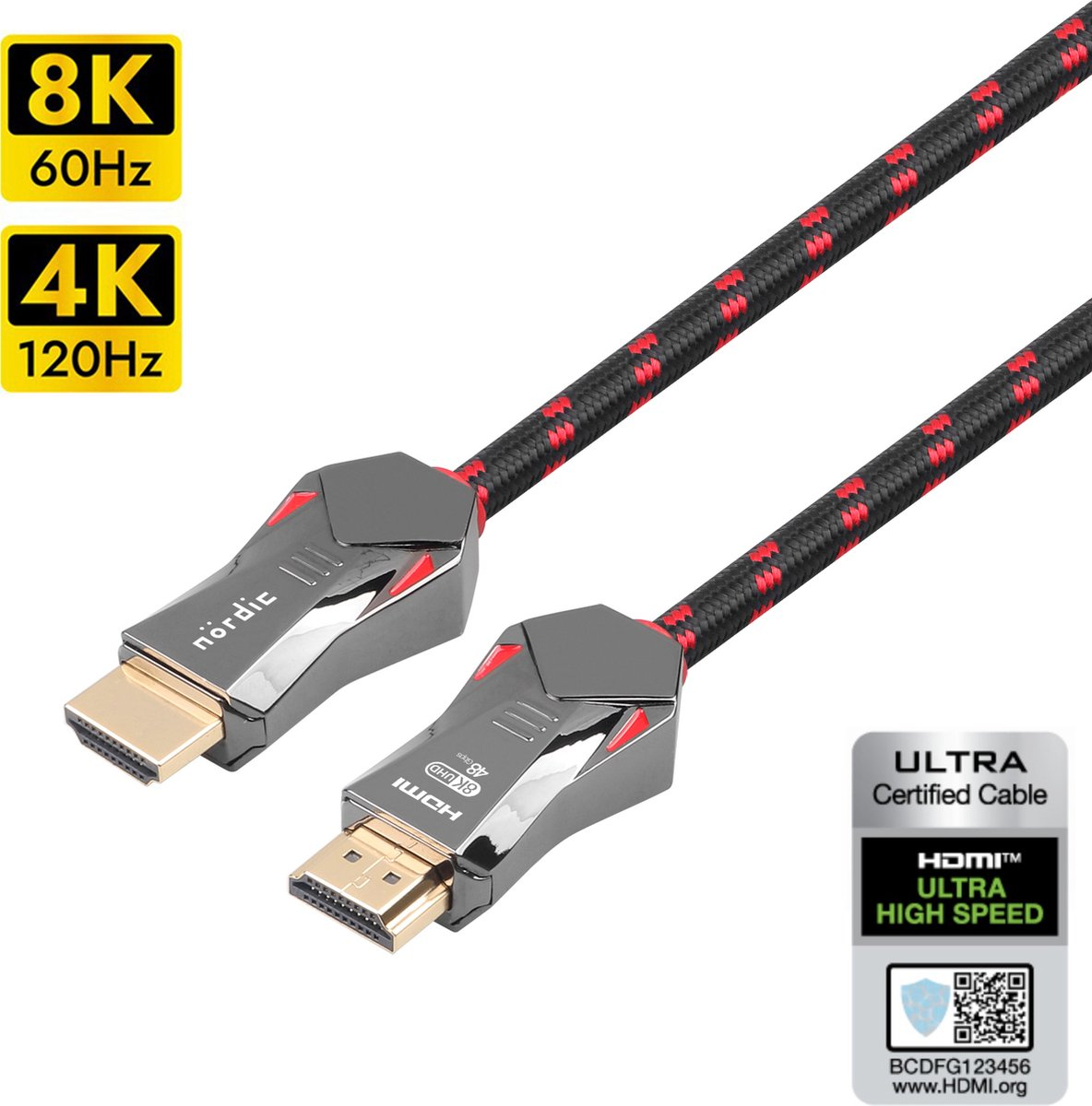 Twee HDMI-kabels met vergulde connectoren, zwart en rood gevlochten.