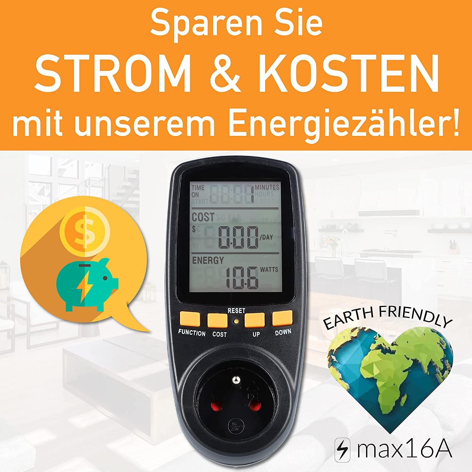 Digitales Energiemessgerät mit Anzeige, Kosten und Watt, Sparschwein-Symbol.