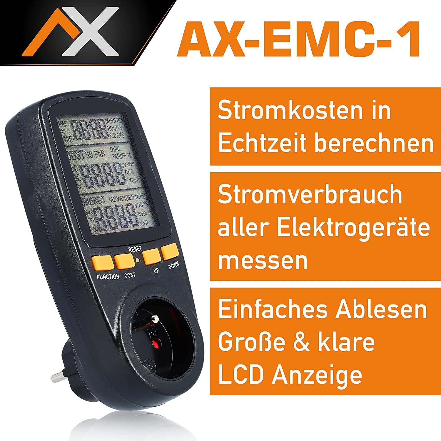 Schwarzes Strommessgerät mit Display. Zeigt Energiekosten und Verbrauch.