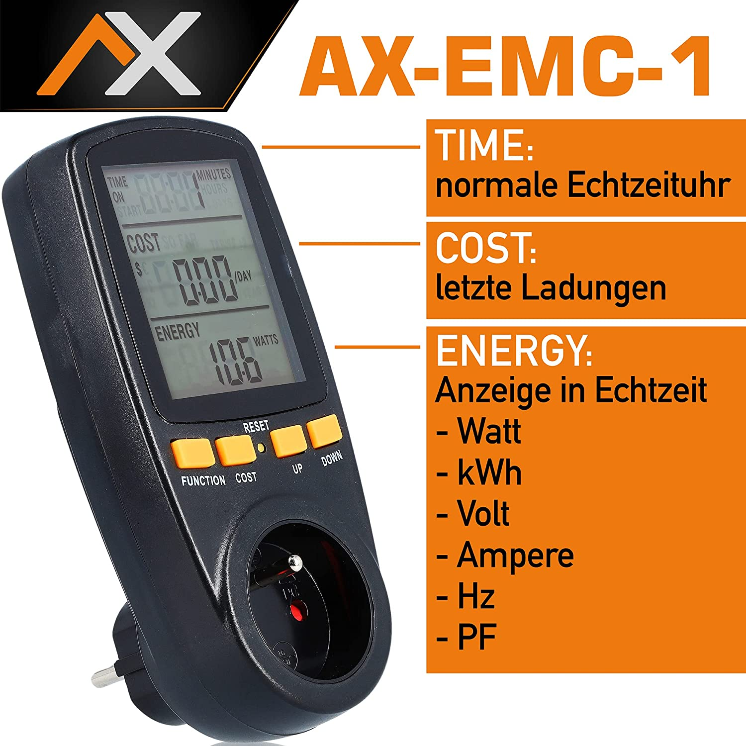 Energiezähler mit Digitalanzeige, die Zeit, Kosten und Energieverbrauch anzeigt.