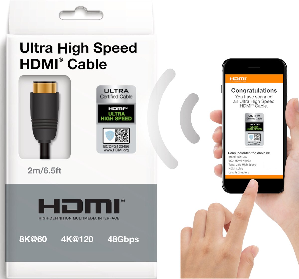 Een HDMI-kabeldoos en een telefoon met QR-code-scan op een witte achtergrond.