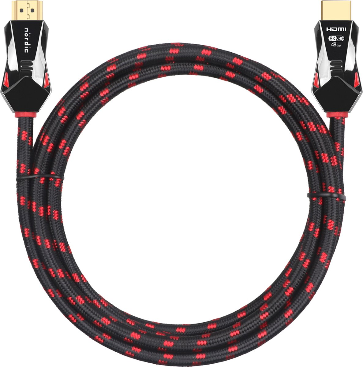 Een high-speed HDMI-kabel met een rood en zwart gevlochten ontwerp.
