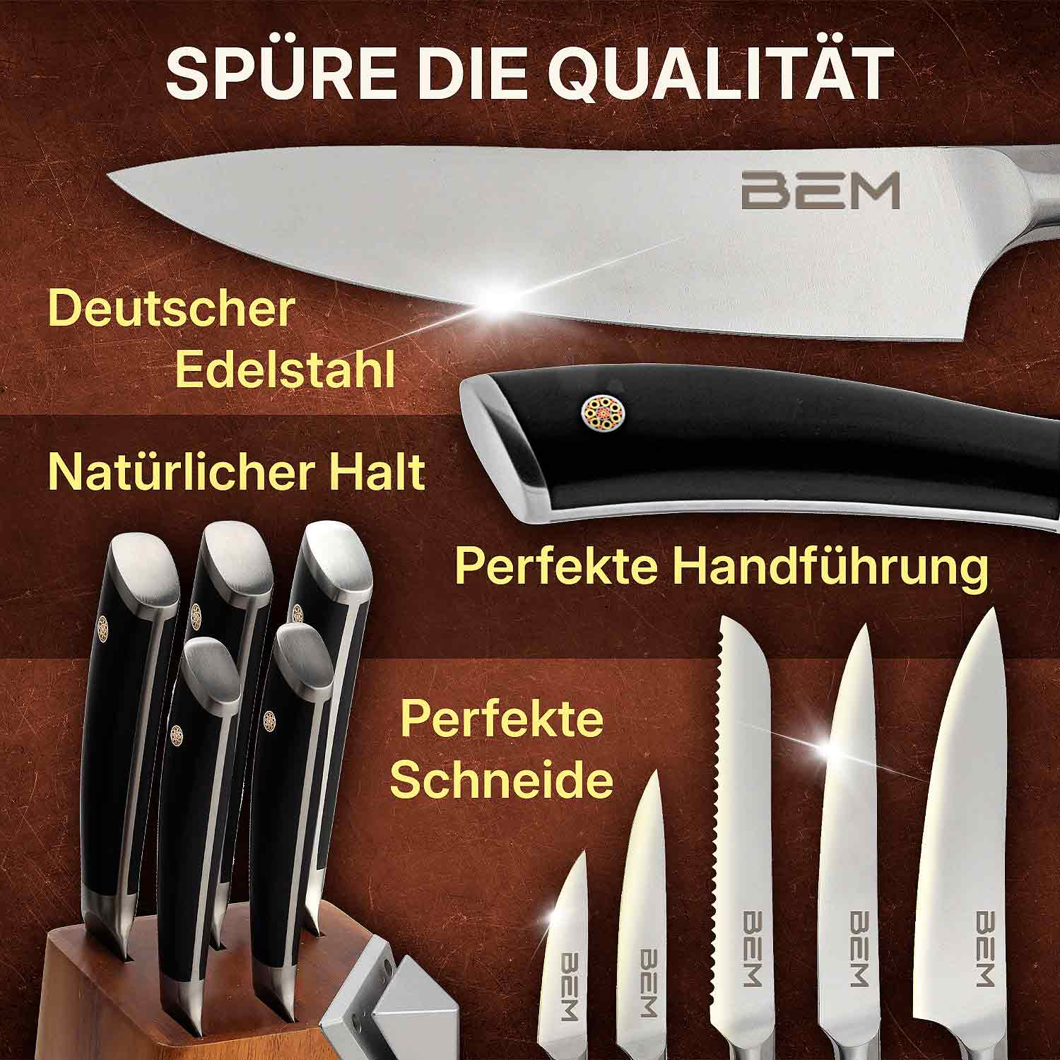 Messerset mit schwarzen Griffen, auf weißer Oberfläche. Text: 'Deutscher Edelstahl'.