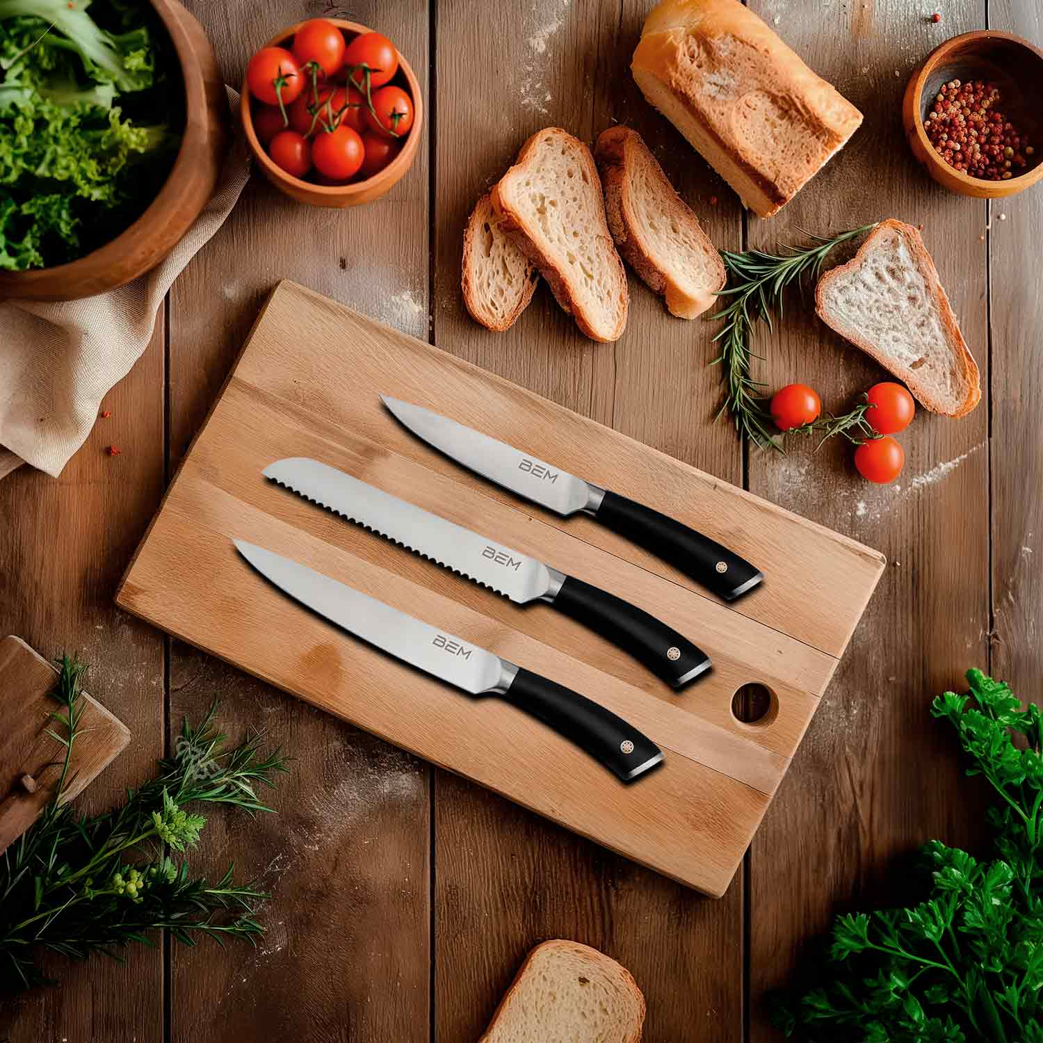 Drei Messer auf einem Holzbrett mit Brot, Tomaten und Kräutern.