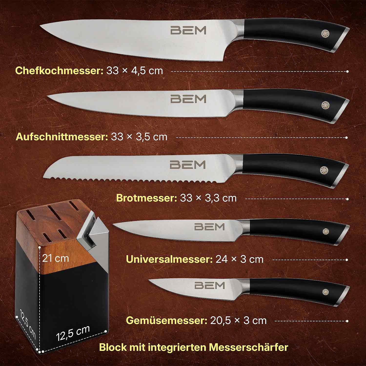 Ein Set aus fünf Küchenmessern mit schwarzen Griffen in einem Holzblock mit einer Dimensionsgrafik und Textbeschriftungen.