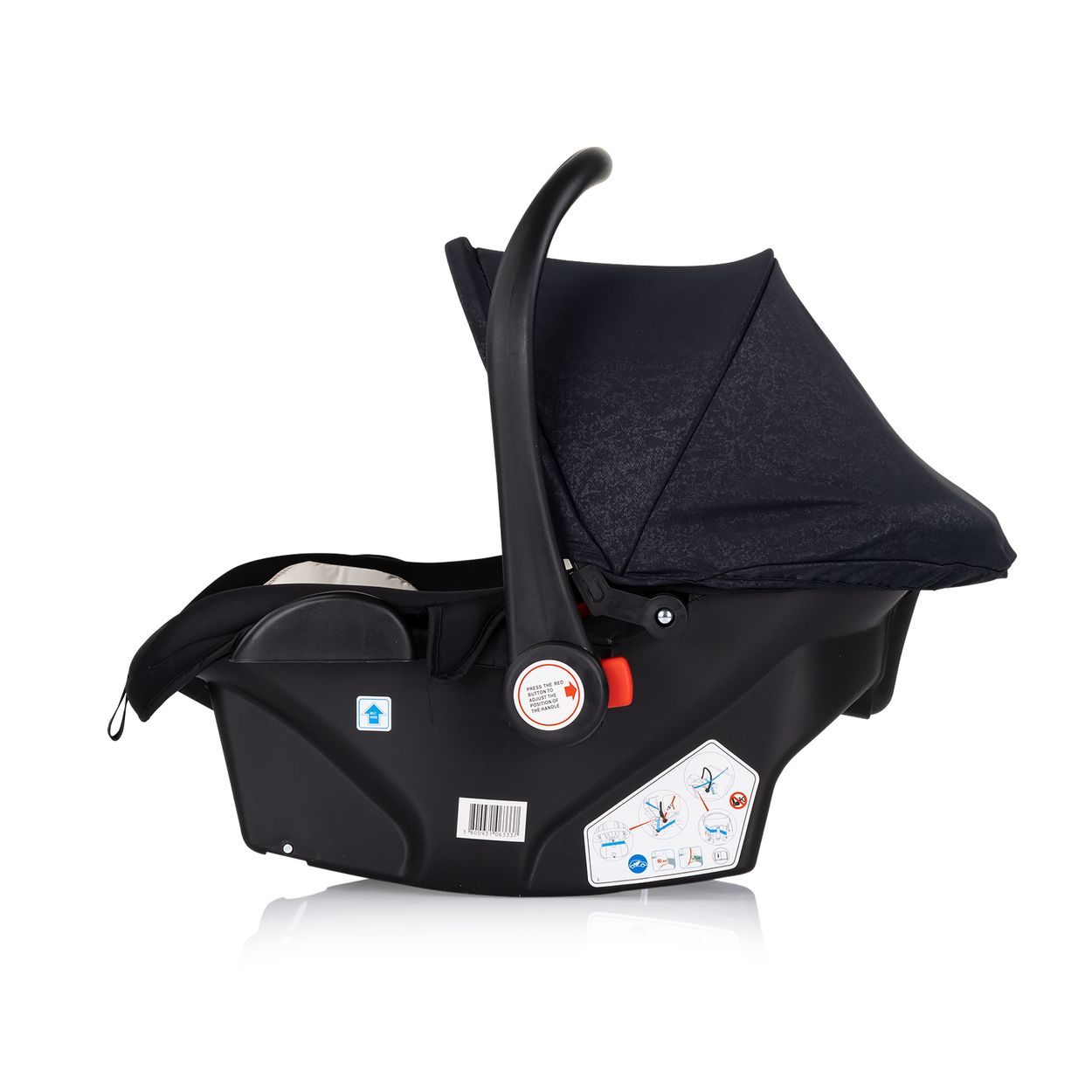 Schwarzer Babysitz mit Griff und Verdeck, auf weißem Hintergrund, Seitenansicht.