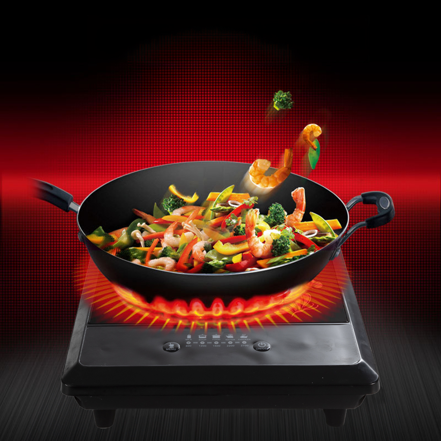 Wok mit Gemüse und Garnelen auf einem Induktionskochfeld. Roter Hintergrund mit Lichteffekten.