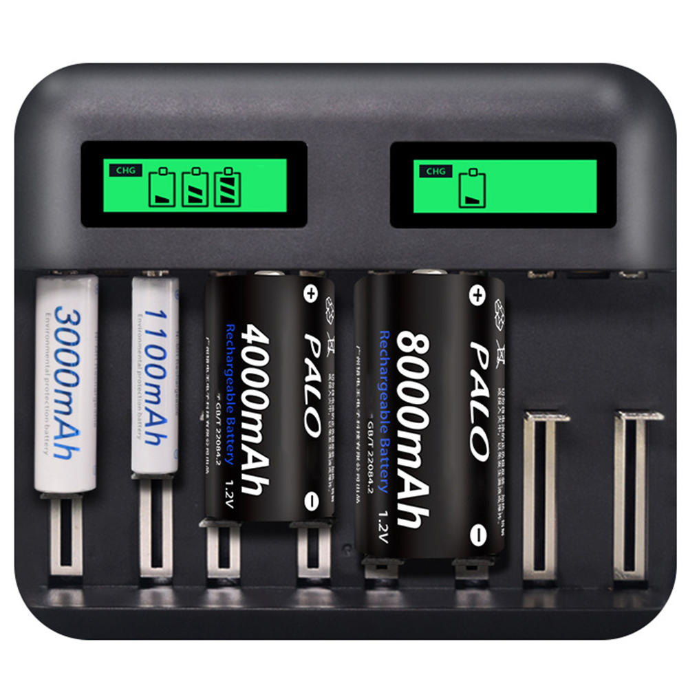 Ein schwarzes Batterieladegerät mit 4 Batterien und grünen Lichtern. Batterien sind PALO und 3000mAh, 1100mAh, 4000mAh, 8000mAh.