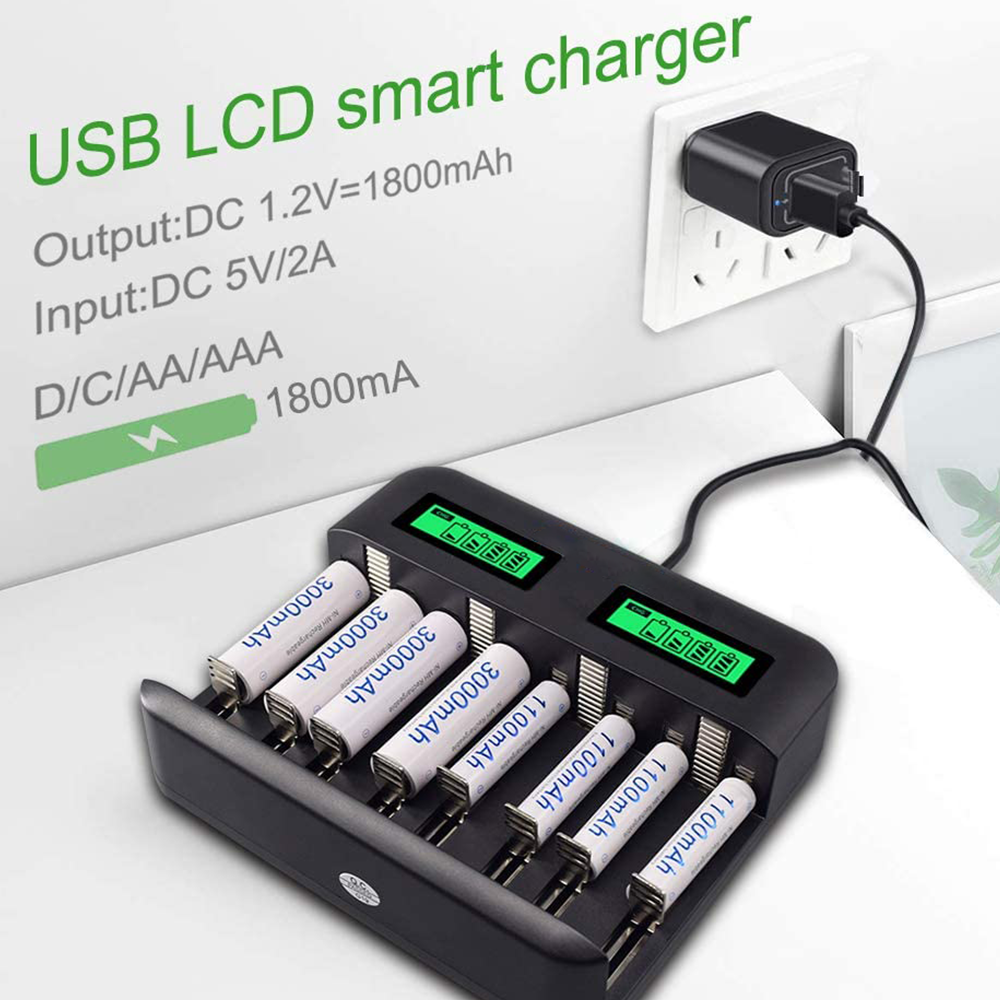 Ein schwarzes USB-LCD-Smart-Ladegerät mit Batterien und Stecker. Das Ladegerät zeigt den Batteriestatus an.