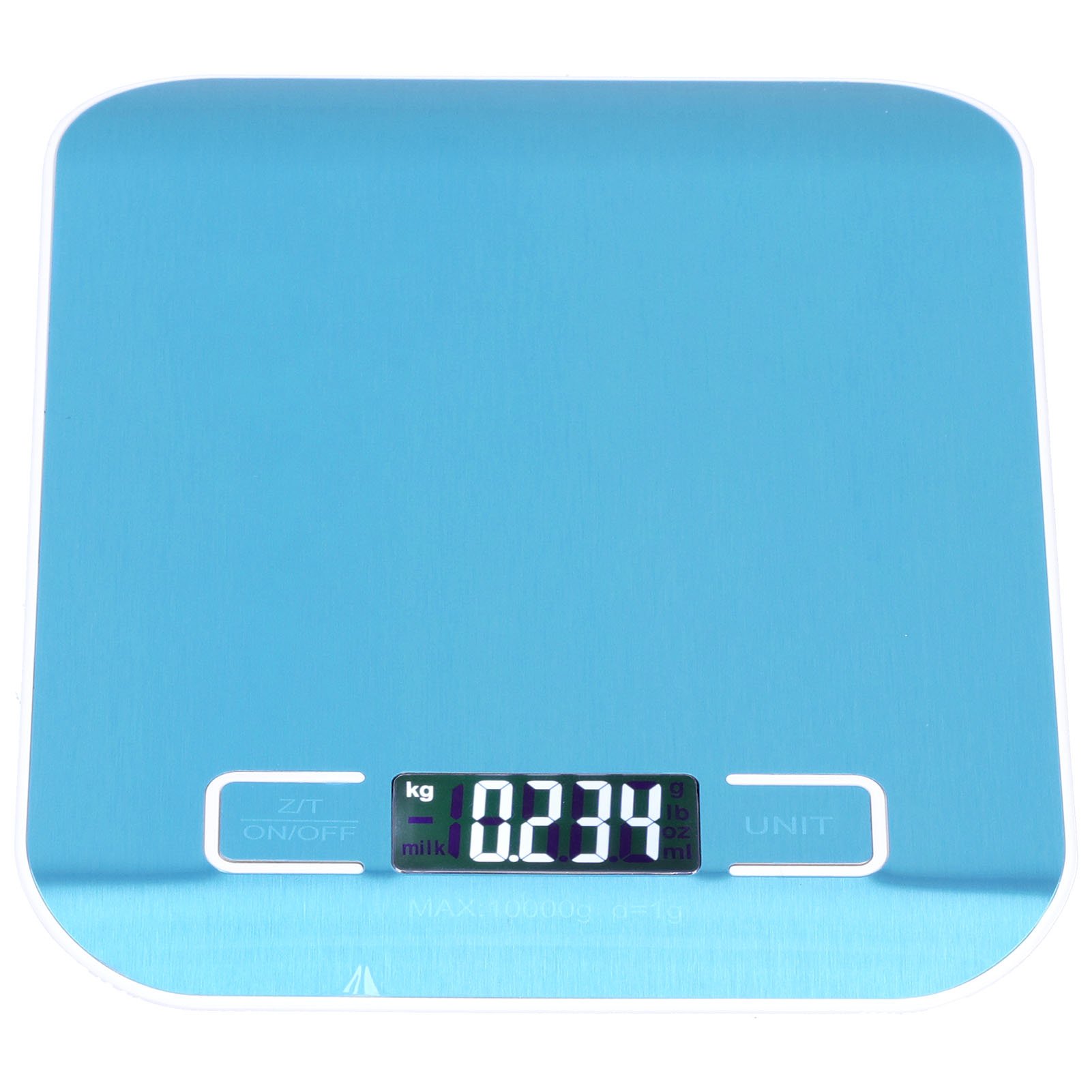 Blaue digitale Küchenwaage, zeigt 0,234 kg. Z/T, ON/OFF und UNIT-Tasten sind sichtbar.