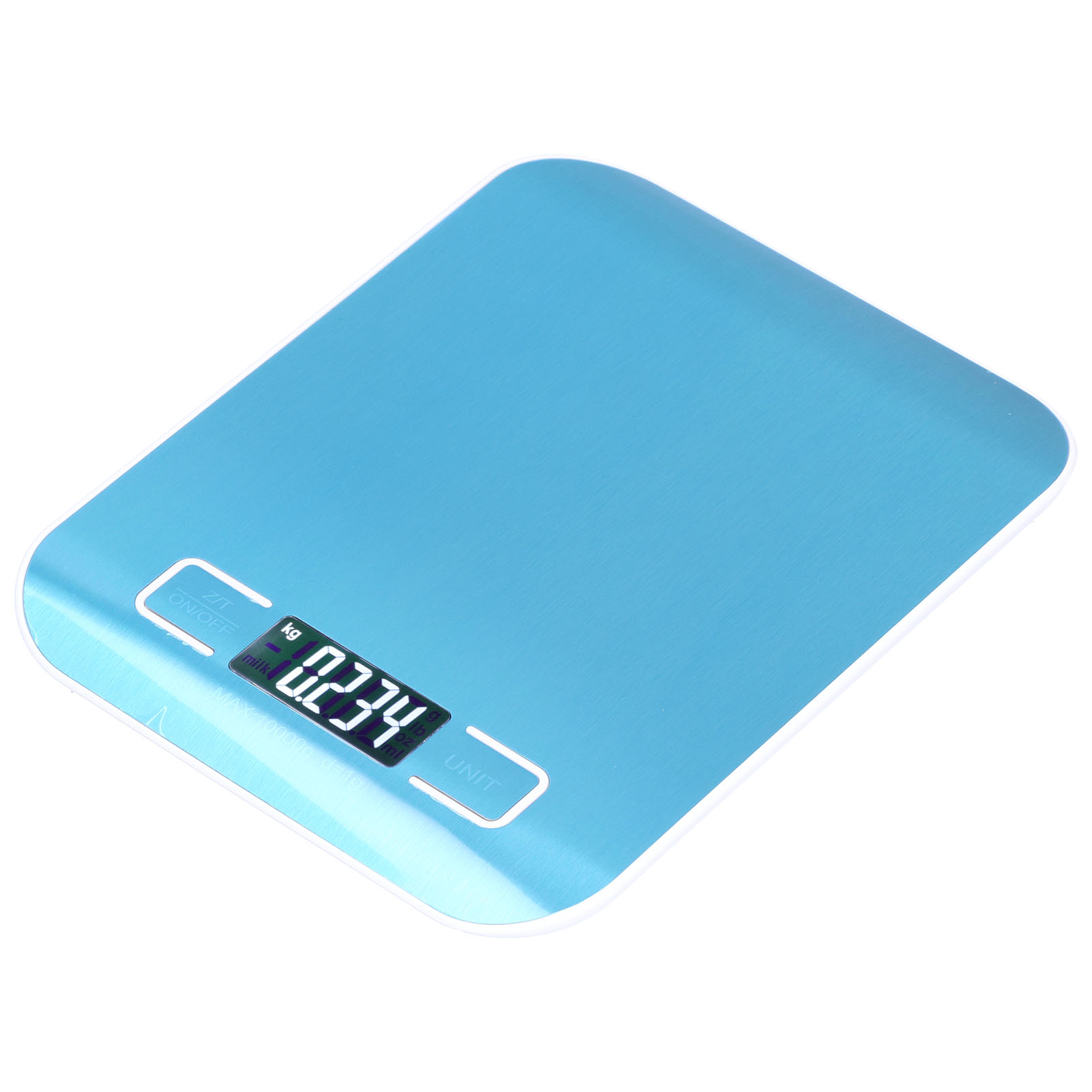Blaue digitale Küchenwaage mit beleuchteter Anzeige, die ein Gewicht anzeigt.
