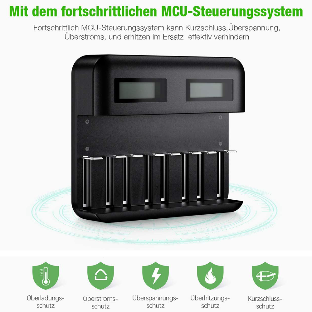 Ein schwarzes Ladegerät mit mehreren Steckplätzen und Symbolen für Schutzfunktionen wie Überladung und Kurzschluss.