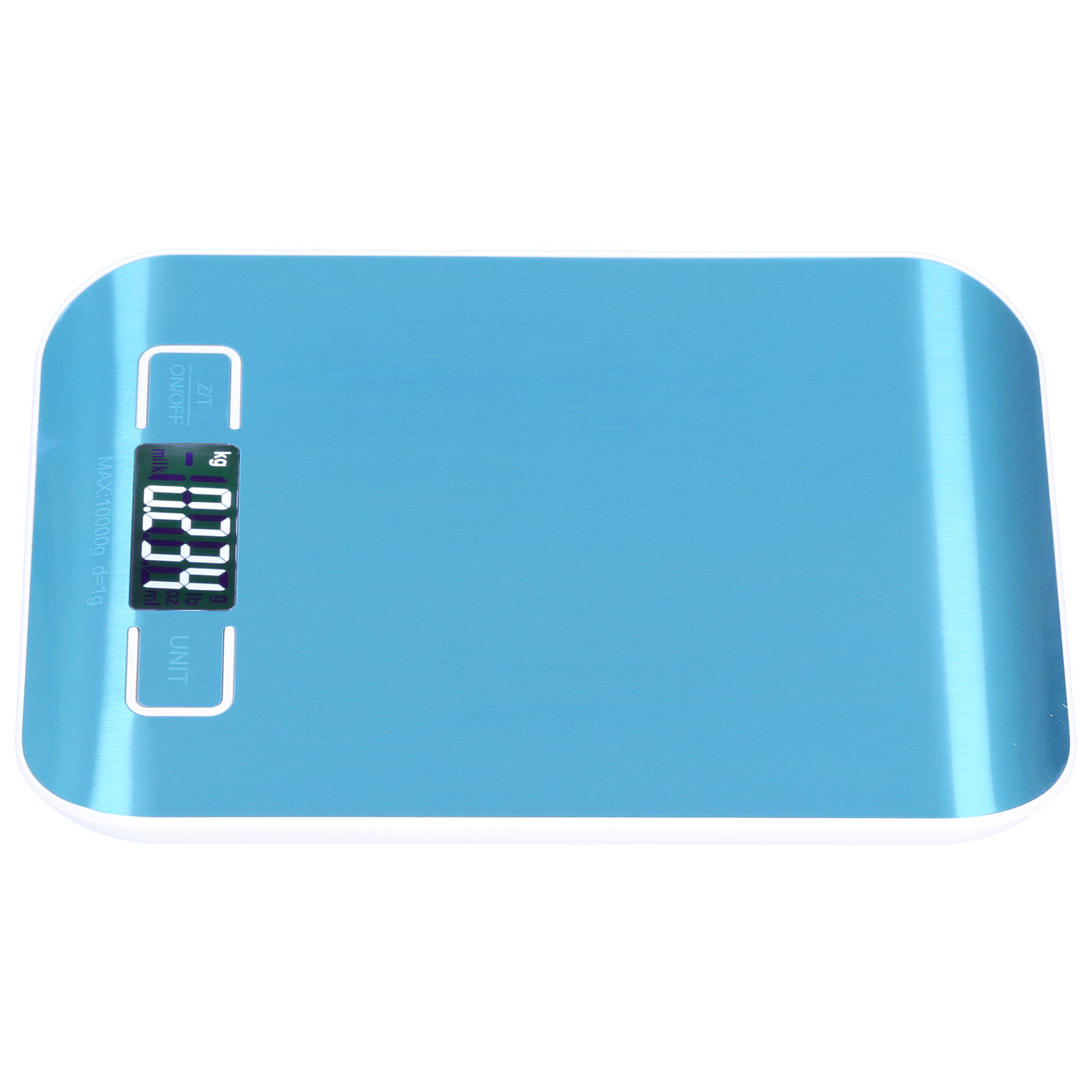 Eine blaue digitale Küchenwaage. Sie zeigt einen Wert von 0,234 kg an. Die Waage hat Tasten mit den Bezeichnungen „UNIT“ und „ON/OFF“.