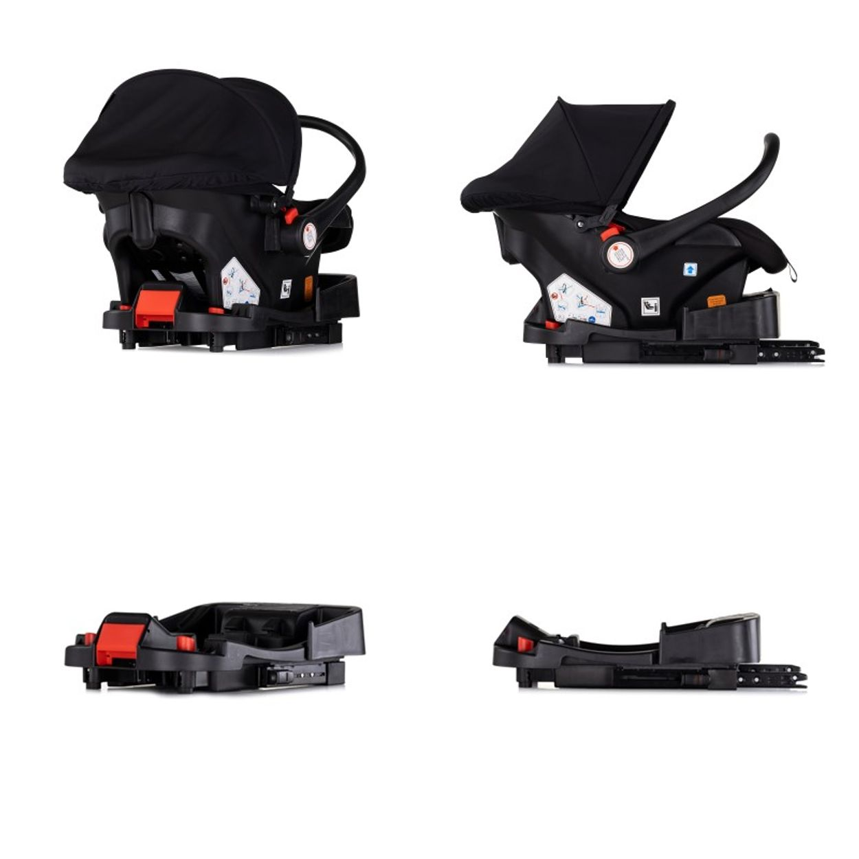 Vier Ansichten eines schwarzen Babysitzes mit Basis.