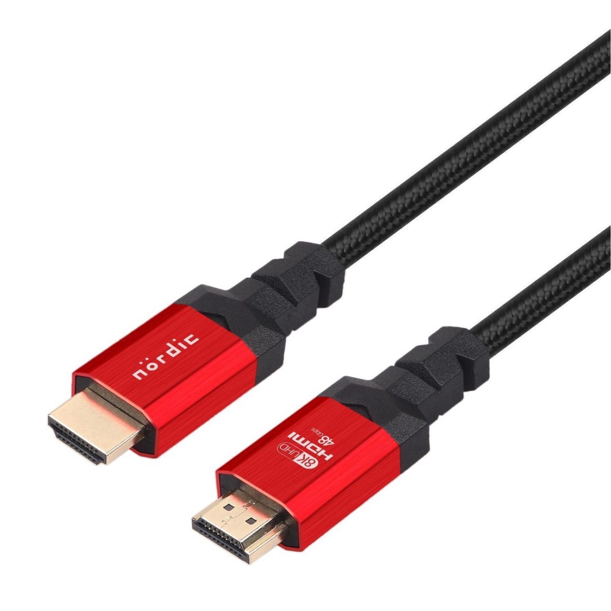 Twee rode en zwarte HDMI-kabels met connectoren. Nordic-logo.