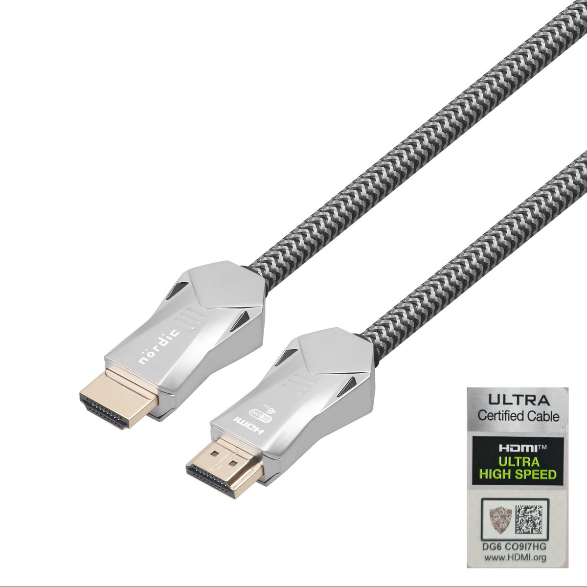 Twee HDMI-kabels met zilveren connectoren, grijs gevlochten.