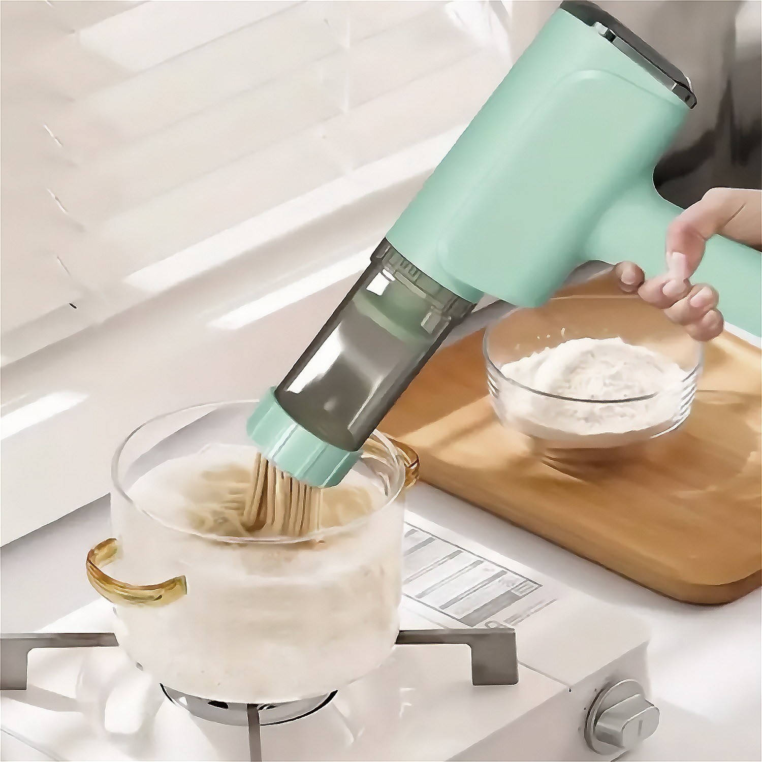 Persona che utilizza una macchina per la pasta per estrudere gli spaghetti in acqua bollente.