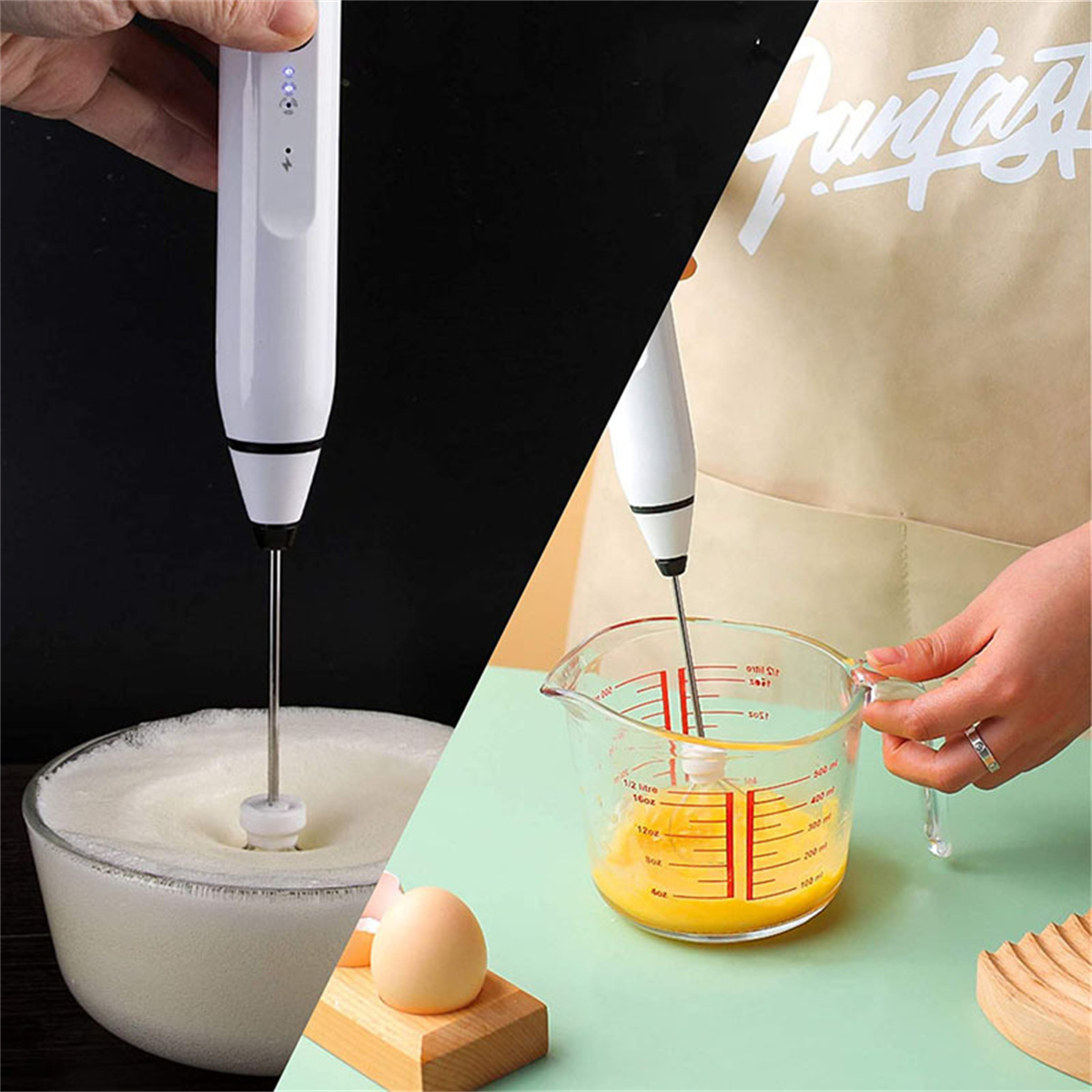 Ein Handmixer im Einsatz. Einer mischt Milch, der andere Eier.