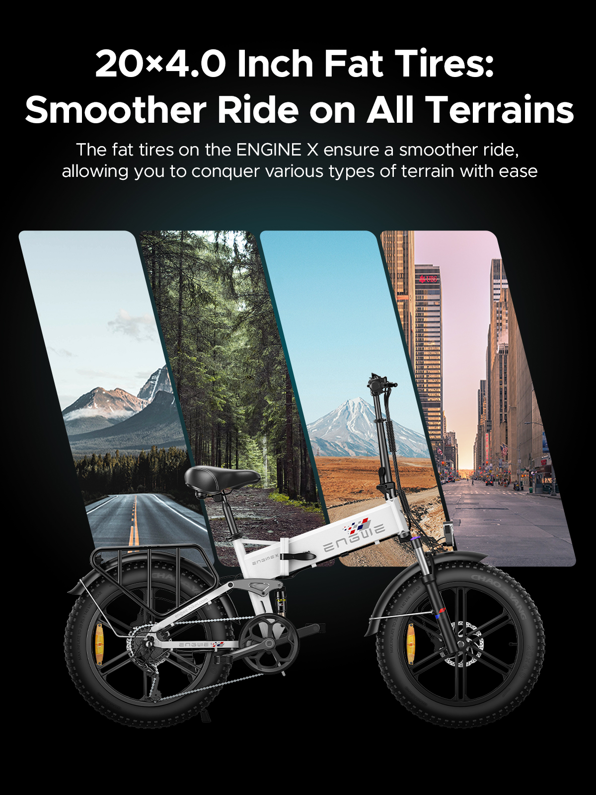 E-Bike mit drei malerischen Hintergründen. Text hebt breite Reifen für sanftere Fahrten in verschiedenen Geländen hervor.