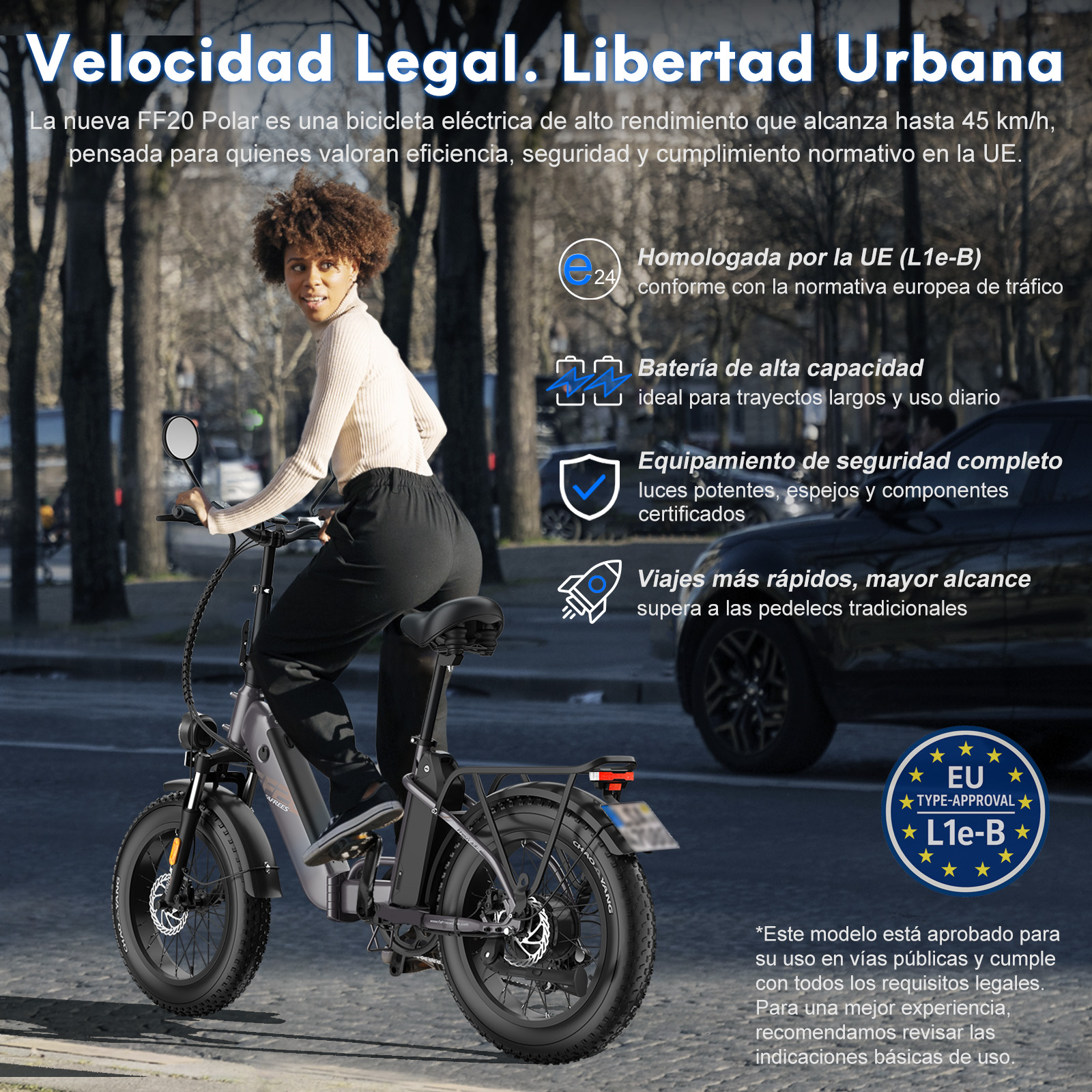 Mujer en bicicleta eléctrica en una calle de la ciudad. Texto sobre la bicicleta visible.