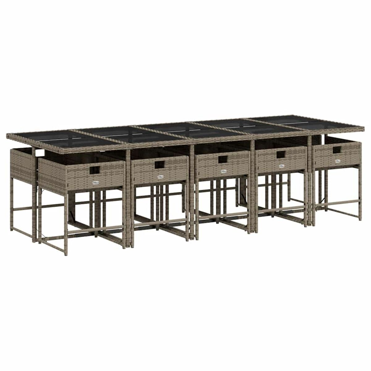 Outdoor-Essgruppe aus Rattan mit schwarzen Glasplatten und Schubladen, auf weißem Hintergrund.