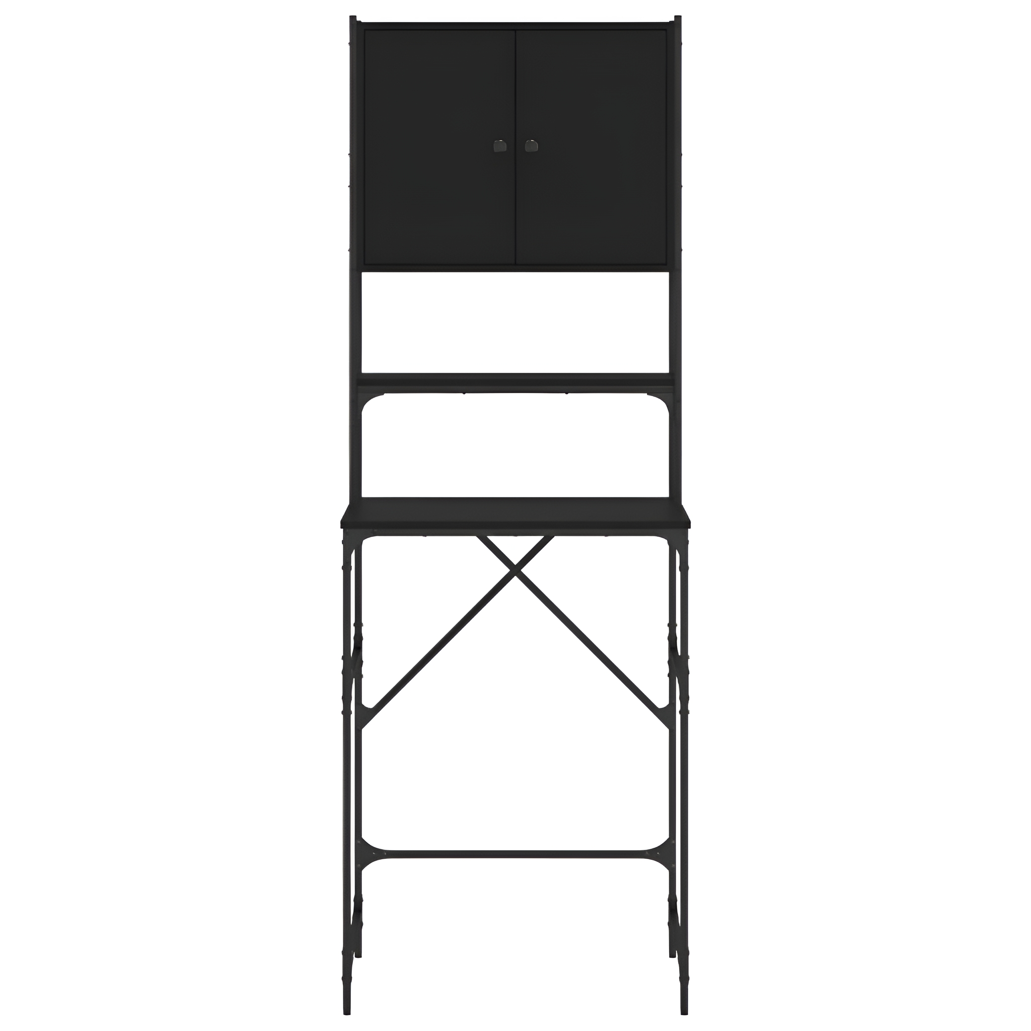 Ein schwarzer, hoher Schrank mit einem Schreibtisch. Zwei obere Türen, offenes Regal und Schreibtischbereich.