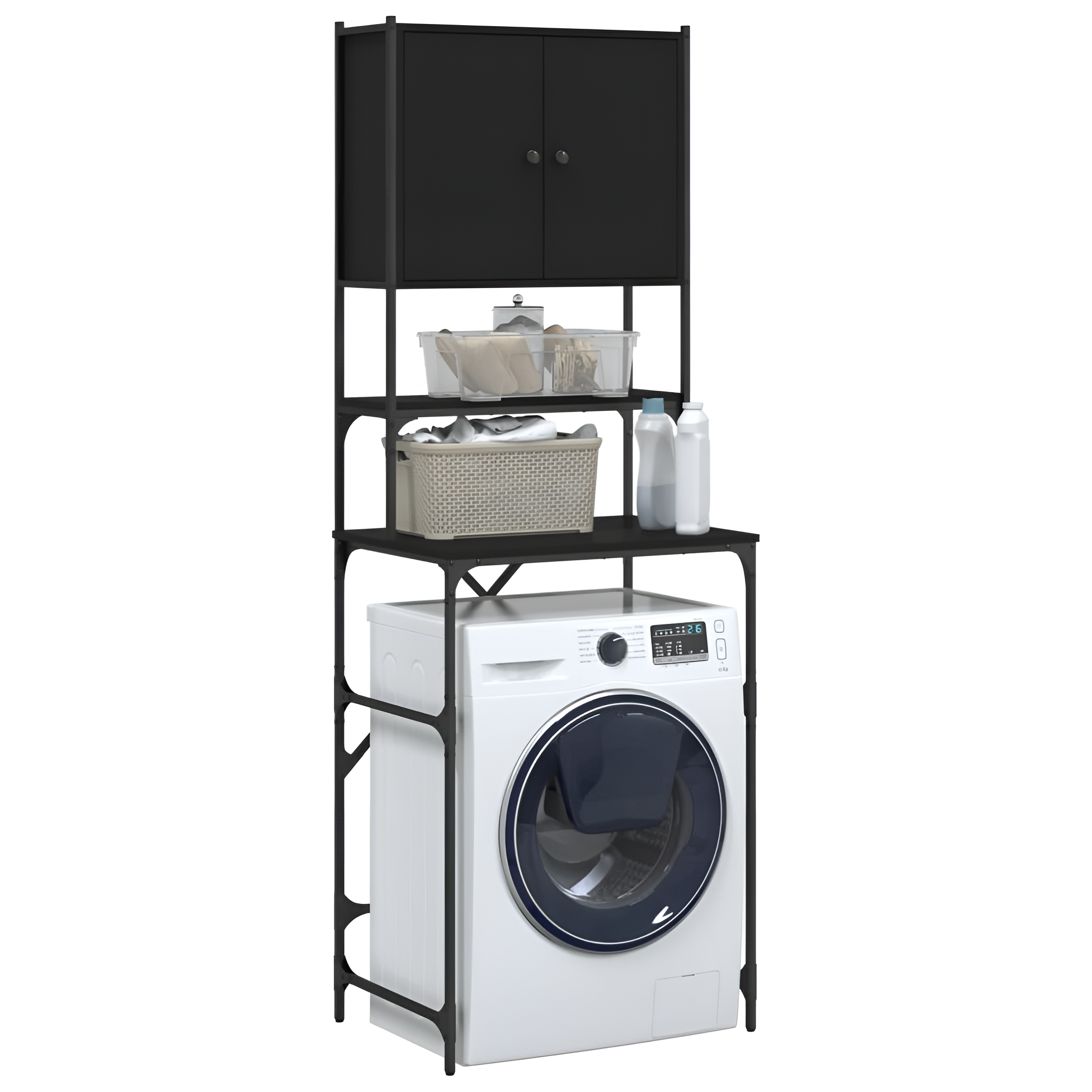 Eine Waschmaschine mit Trockengestell und Schrank für Aufbewahrung und Zubehör.