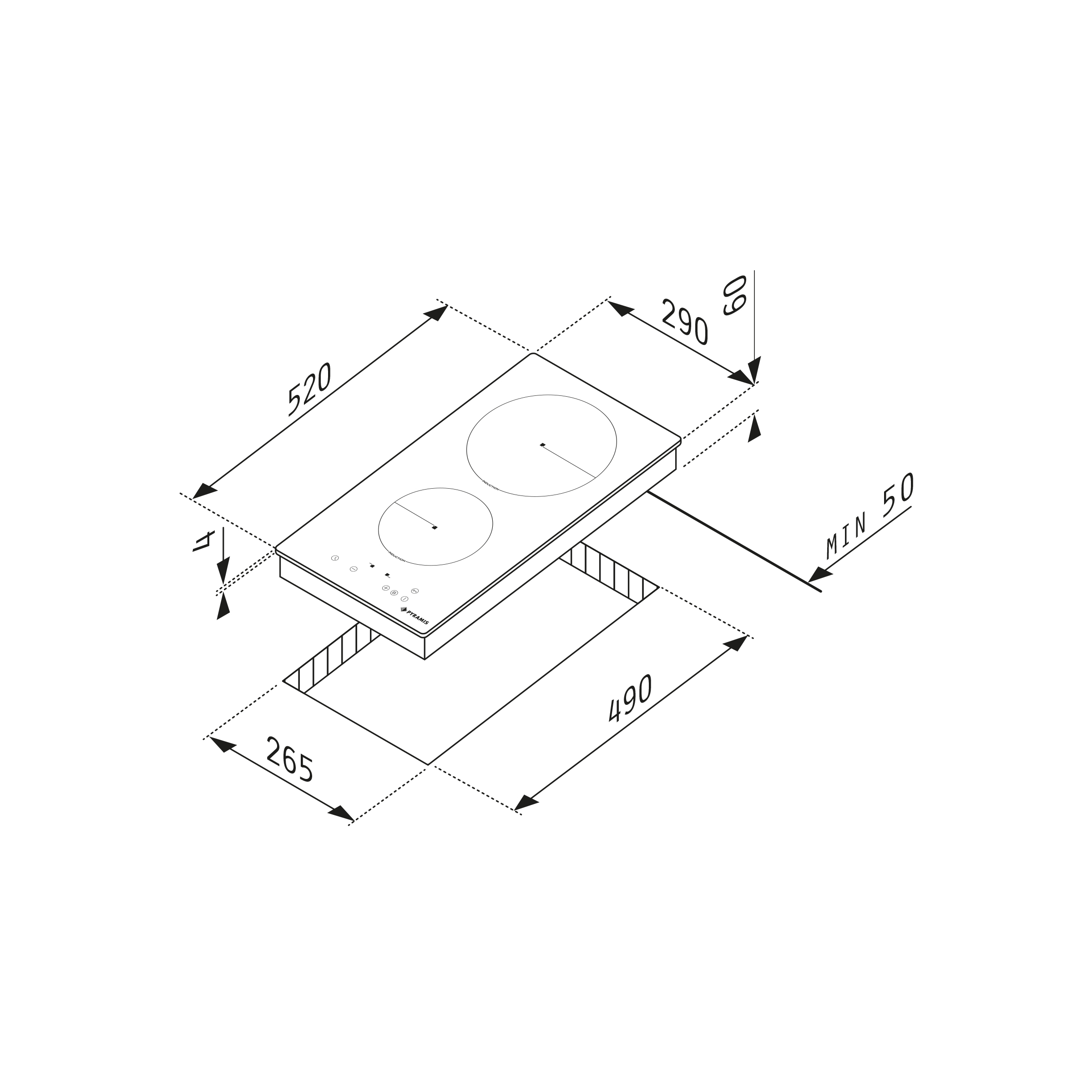Isometrische Ansicht eines Einbaukochfelds mit Maßen: 520x290 mm, mit zwei kreisförmigen Kochzonen.