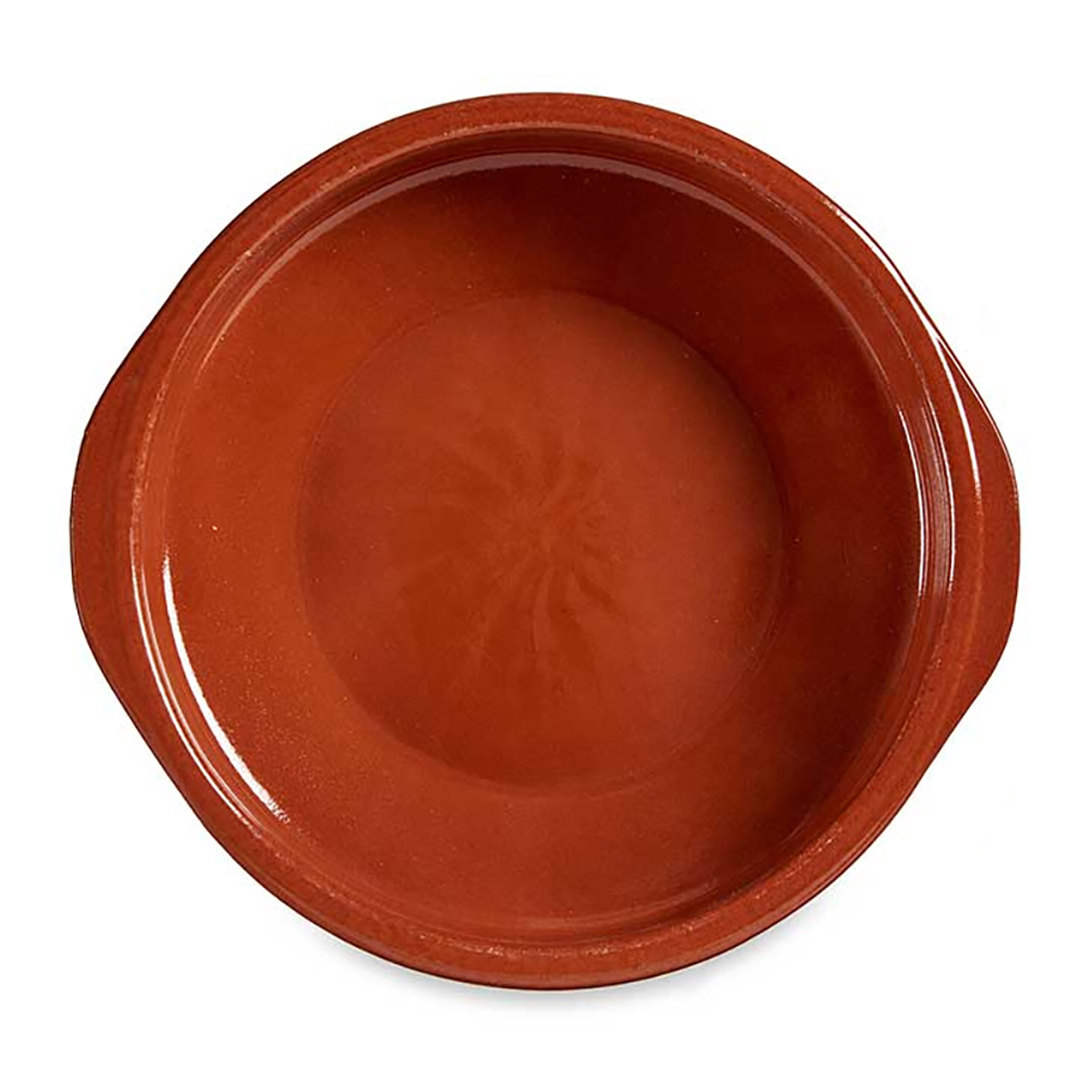 Ciotola rotonda color terracotta con due manici. È vuota e ha una finitura lucida.