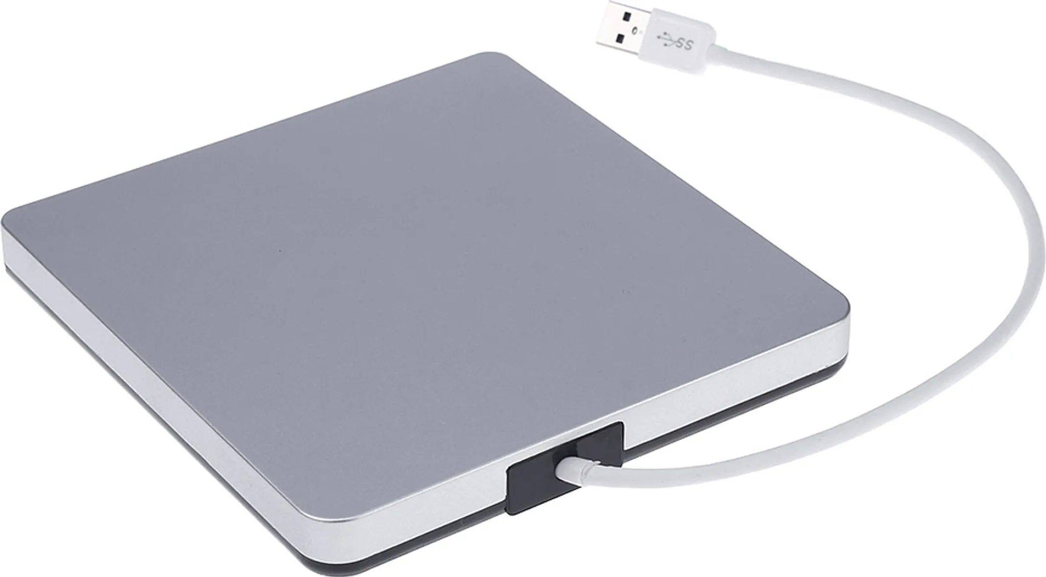 Silberne externe Festplatte mit weißem USB-Kabel. Das Gerät ist quadratisch.