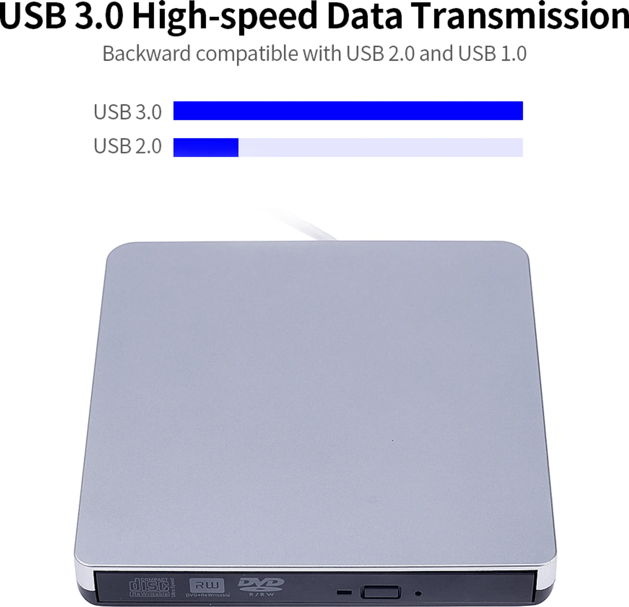 Silbernes externes DVD-Laufwerk mit USB 3.0-Label und blauen Balken.