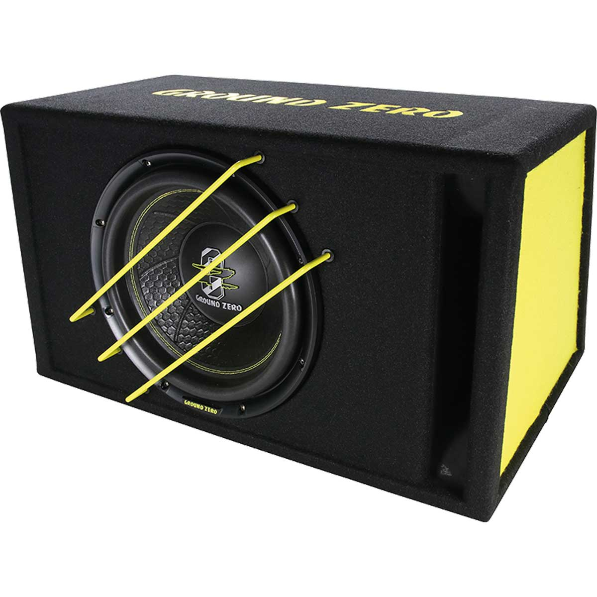 Cassa subwoofer nera con dettagli gialli, scritta 'GROUND ZERO' in giallo.