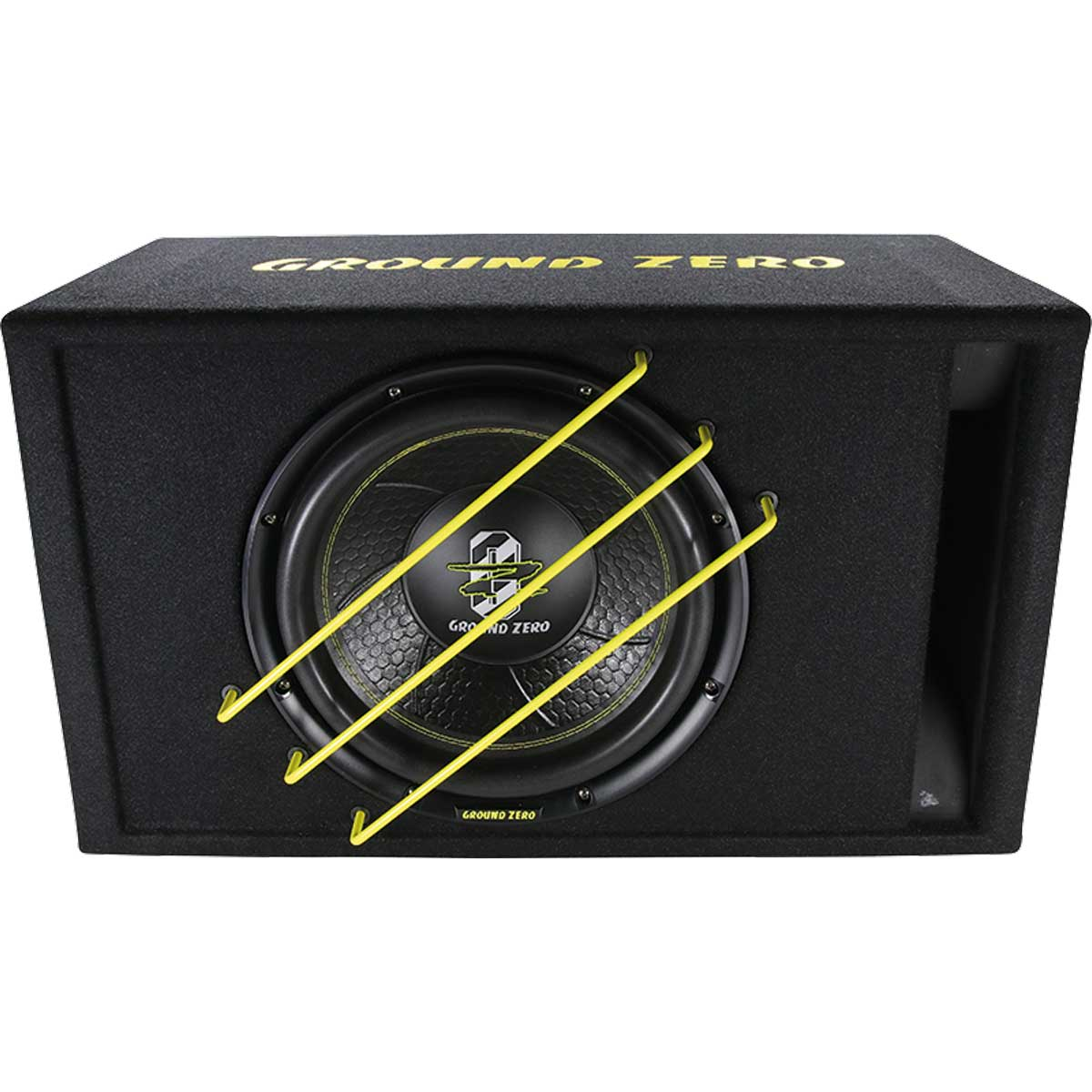 Cassa subwoofer nera con dettagli gialli, un grande altoparlante frontale.