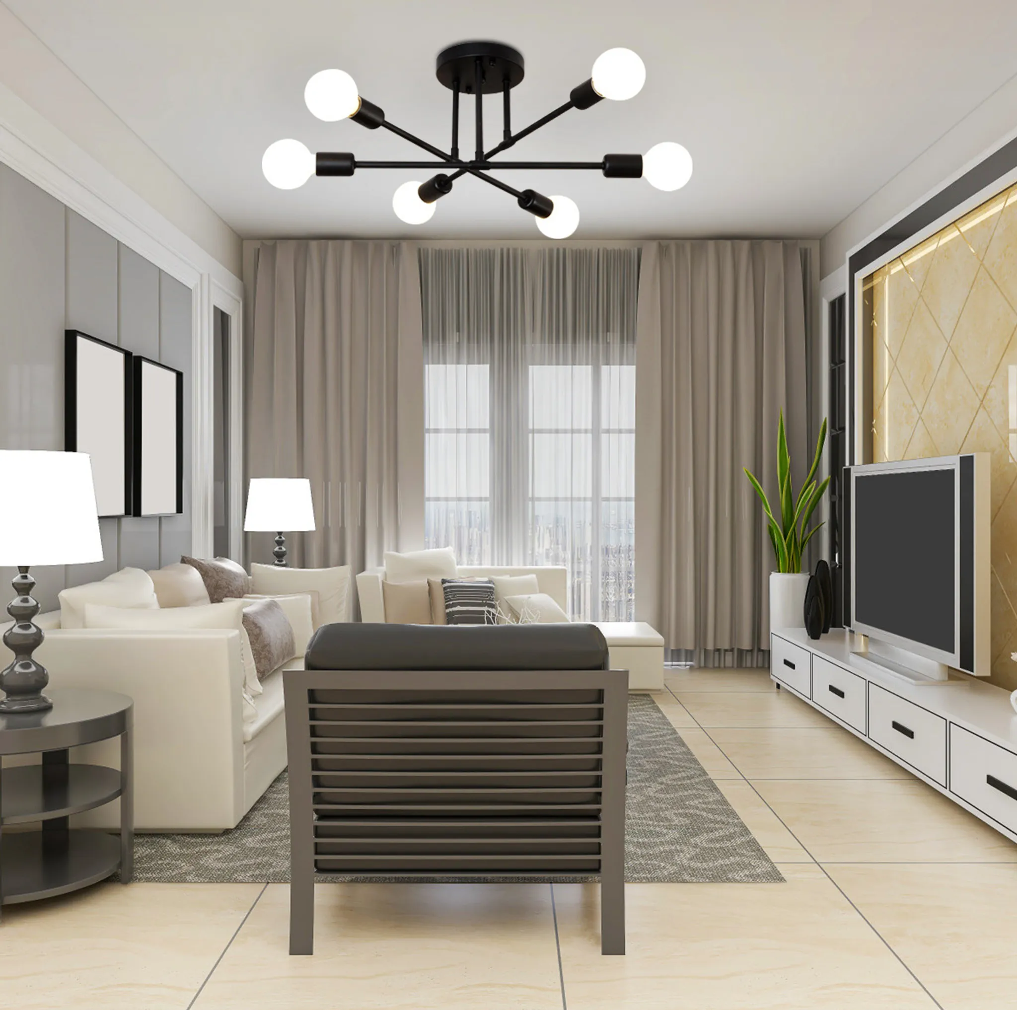 Modernes Wohnzimmer mit weißen Sofas, schwarzer Deckenleuchte und großem Fernseher. Beiges Farbschema.