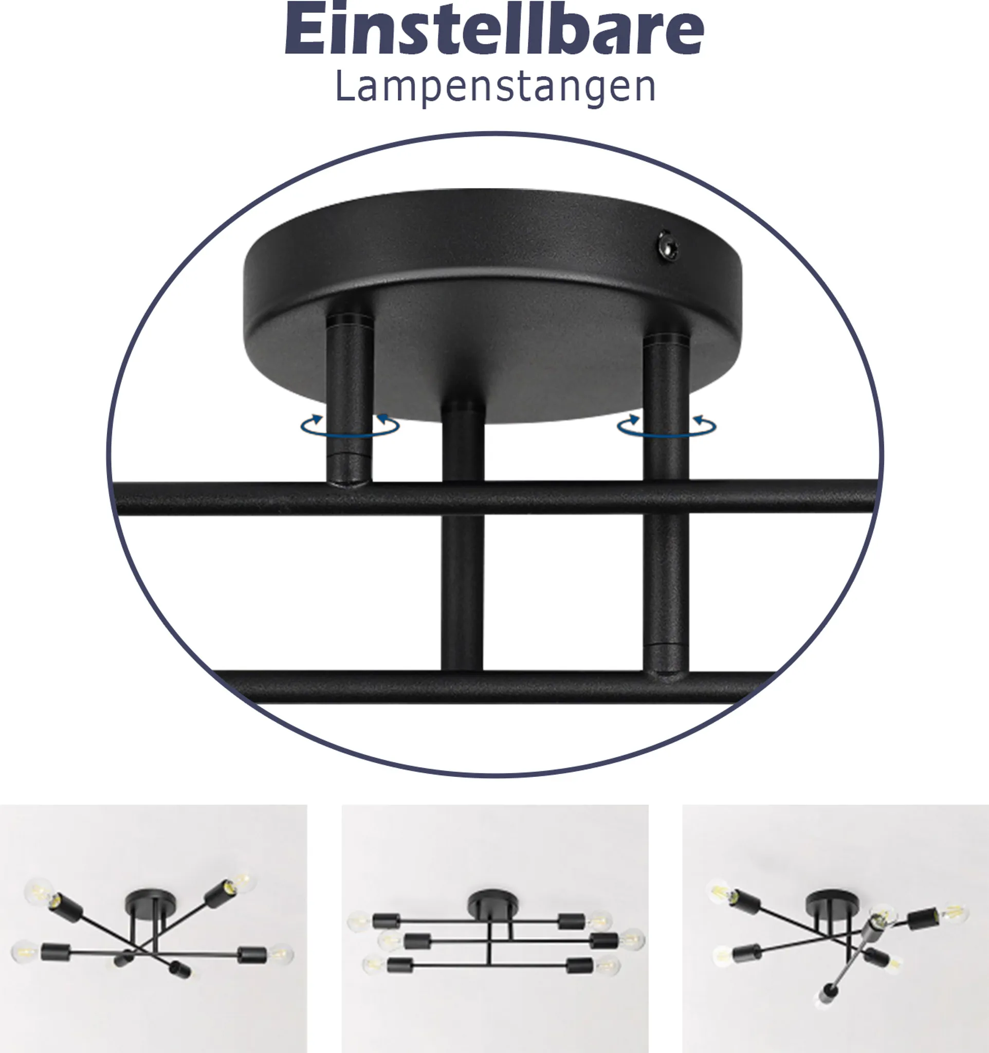 Schwarze Deckenlampe mit verstellbaren Stangen. Drei verschiedene Leuchtendesigns sind unten gezeigt.