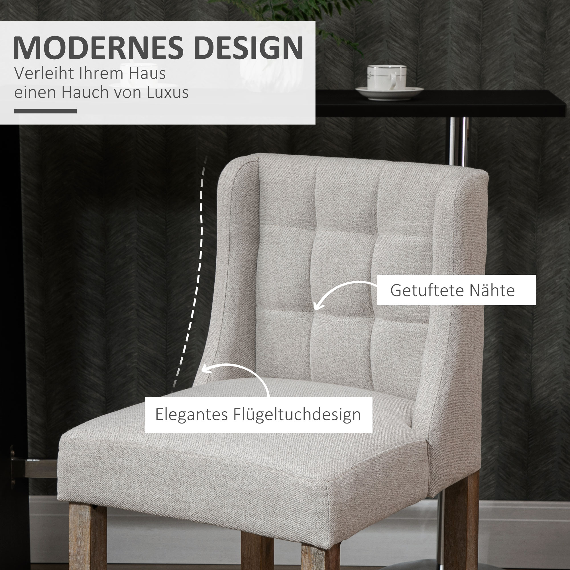 Ein hellgrauer Ohrensessel mit gesteppten Nähten. Er hat Holzbeine, und der Text lautet 'Modernes Design'.