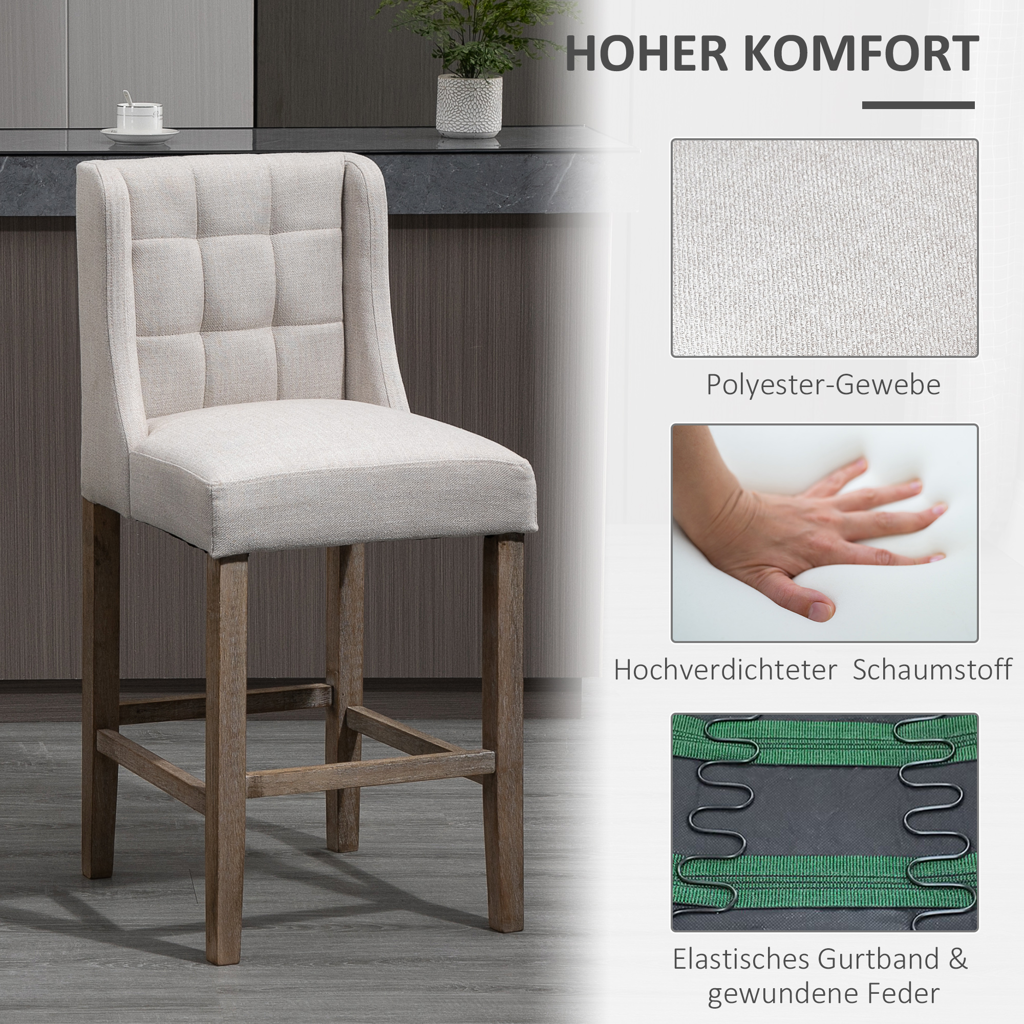 Hoher, beige gepolsterter Barhocker mit Holzbeinen und hohem Rücken.
