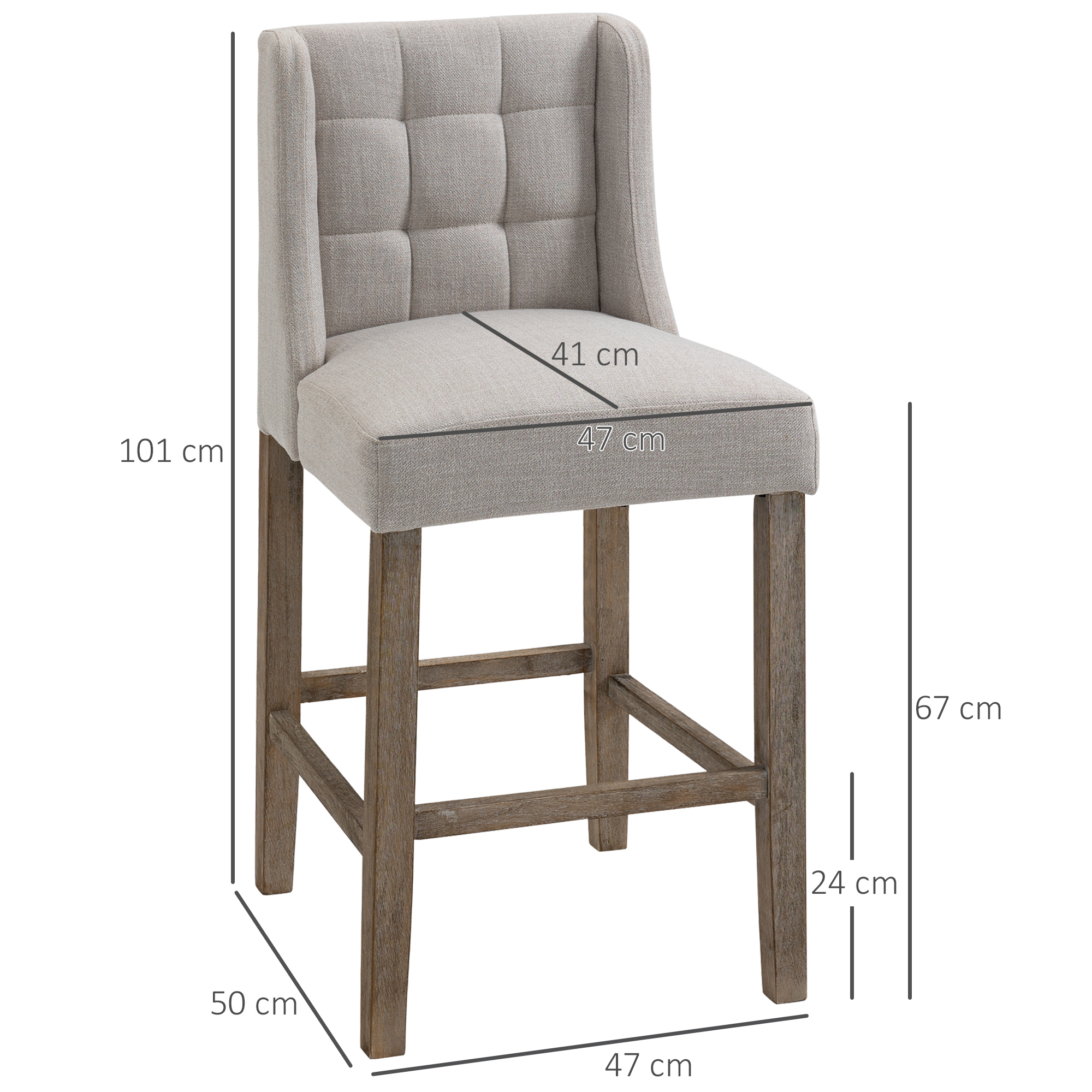 Barhocker mit grauem Sitz und Rücken. Holzbeine. Abmessungen beschriftet.